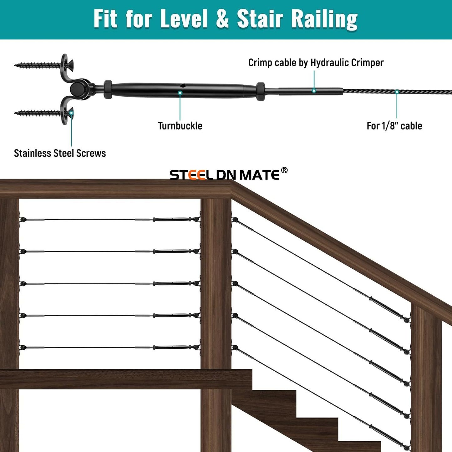 Steel DN Mate 20 Sets Cable Railing Kit Fit for 1/8" Steel Cable, Swage Toggle Turnbuckle & End Fitting, Angle 180°Adjustable Deck Cable Railing Hardware for Wood Post,316 Stainless Steel Marine Grade