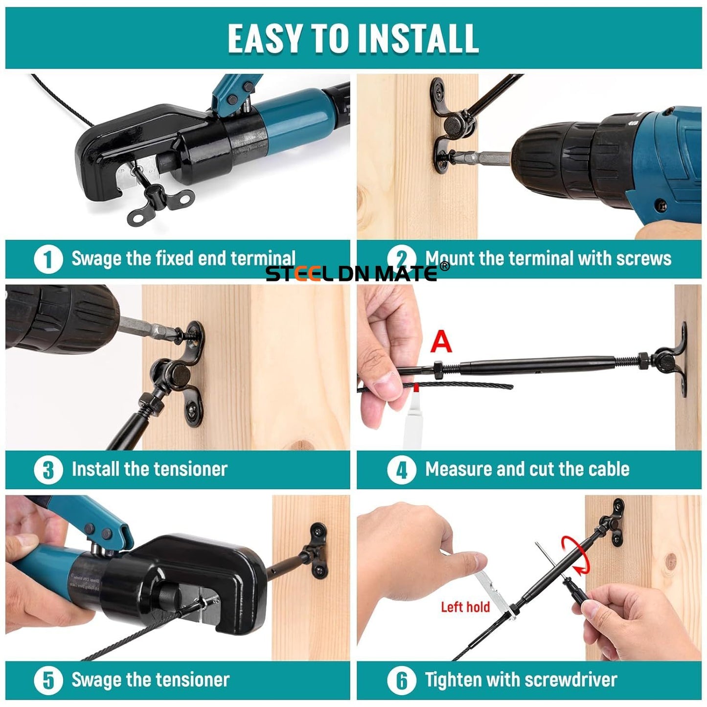 Steel DN Mate 20 Sets Cable Railing Kit Fit for 1/8" Steel Cable, Swage Toggle Turnbuckle & End Fitting, Angle 180°Adjustable Deck Cable Railing Hardware for Wood Post,316 Stainless Steel Marine Grade