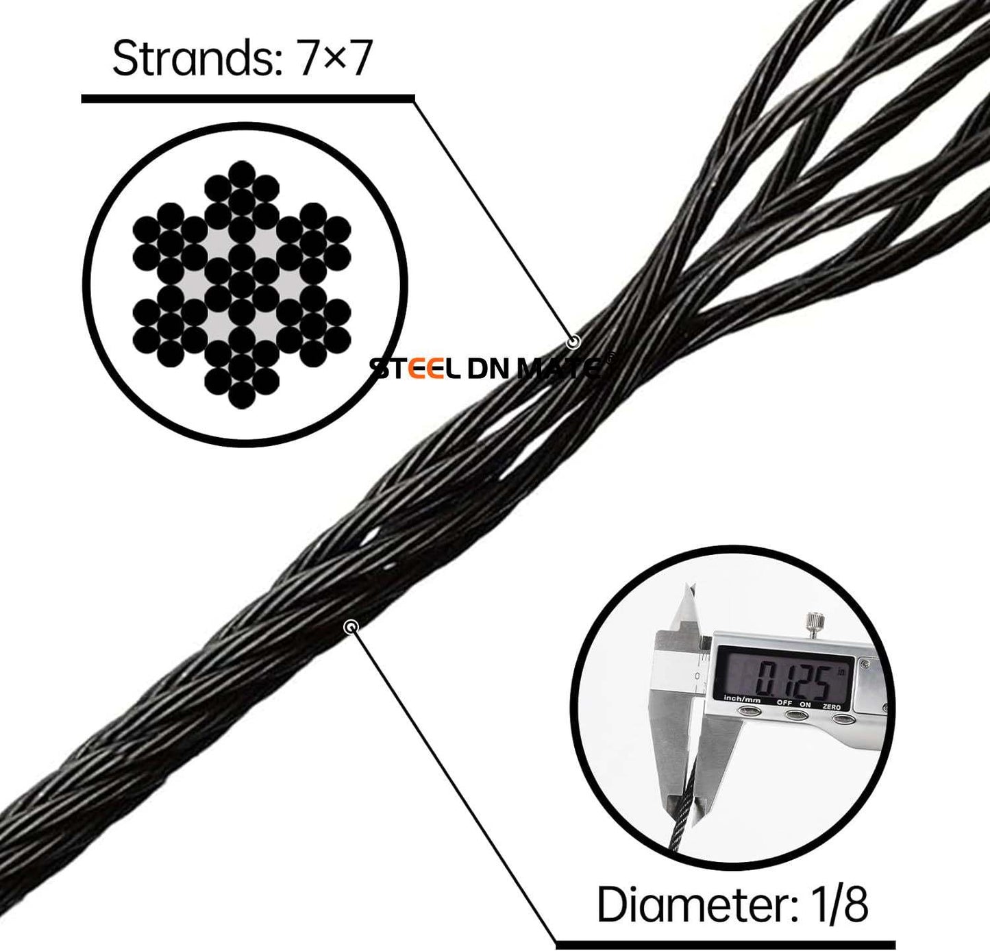 Steel DN Mate Black Wire Rope 1/8" T316 Marine Grade Stainless Steel Cable 7 × 7 Strands for Stair Fence Deck Cable Railing System, with Wire Cutter