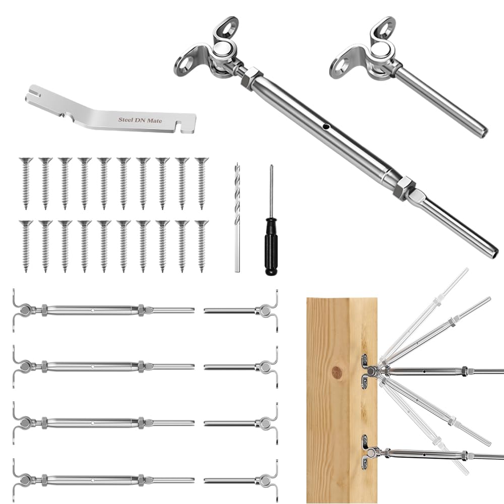 Steel DN Mate 20 Sets Cable Railing Kit Fit for 1/8" Steel Cable, Swage Toggle Turnbuckle & End Fitting, Angle 180°Adjustable Deck Cable Railing Hardware for Wood Post,316 Stainless Steel Marine Grade