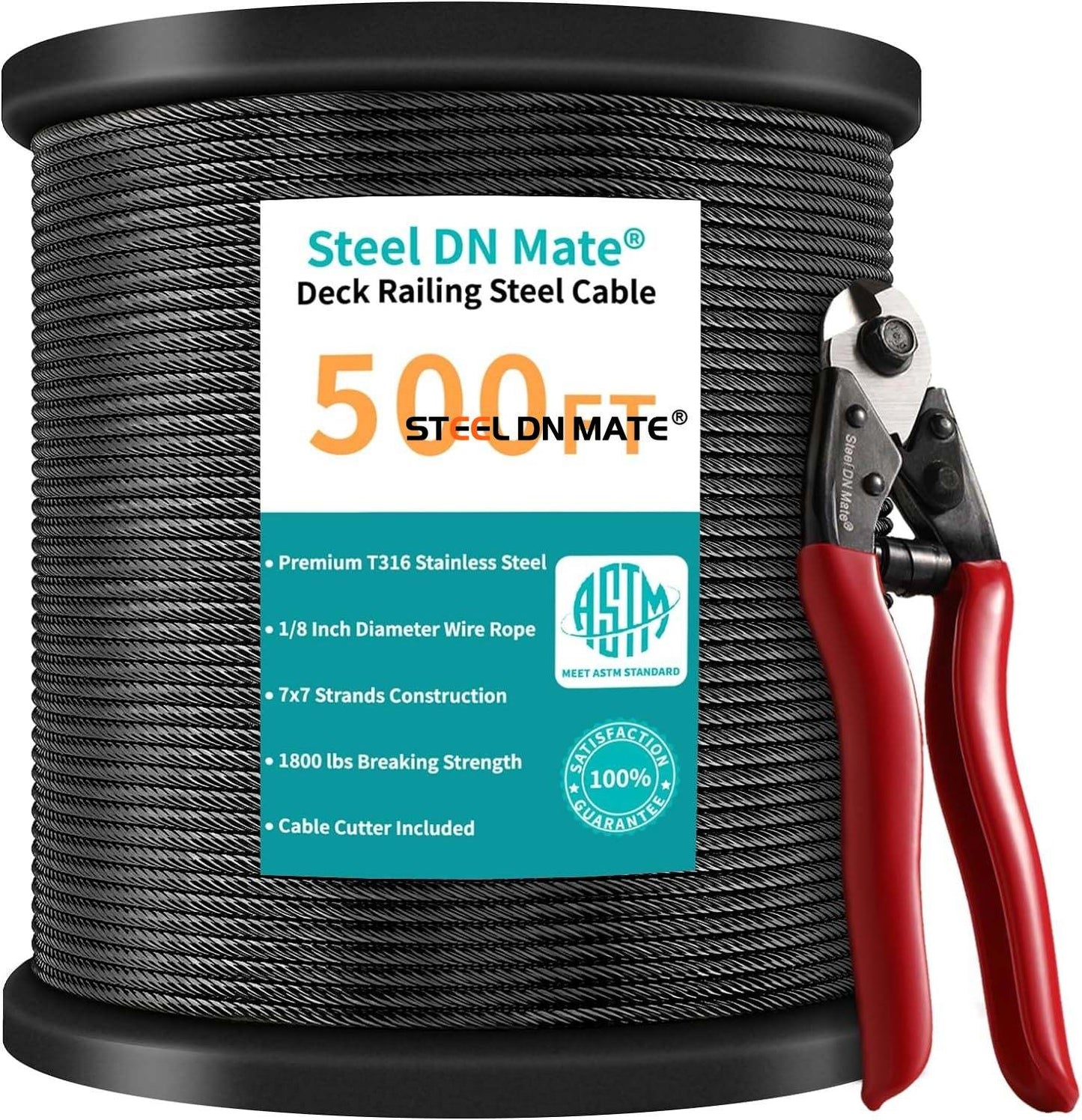 Steel DN Mate Black Wire Rope 1/8" T316 Marine Grade Stainless Steel Cable 7 × 7 Strands for Stair Fence Deck Cable Railing System, with Wire Cutter