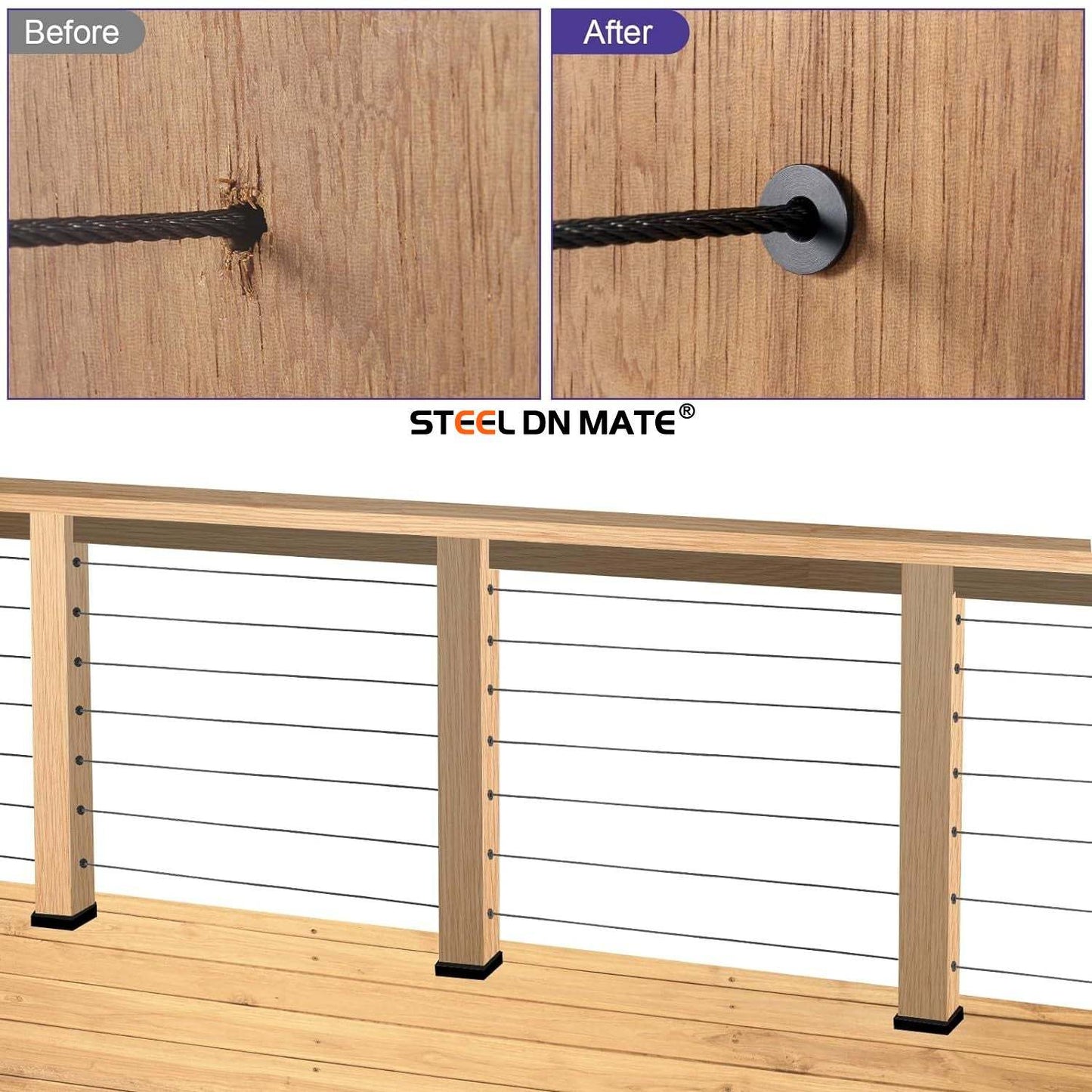 Steel DN Mate 50 Pack Black Cable Railing Protector Sleeves 1/8 for Wire Rope Cable, T316 Protective Sleeves for Wood Post, T316 Stainless Steel Marine Grade, DB58