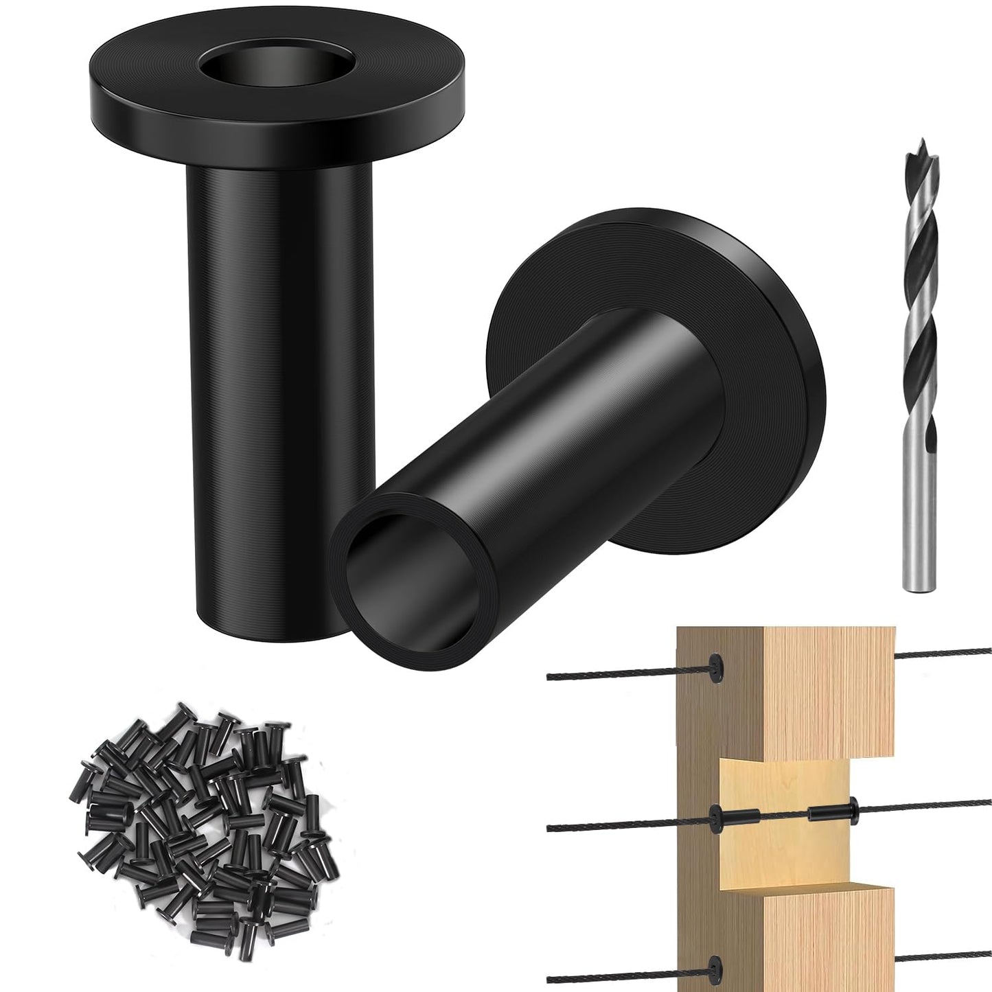 Steel DN Mate 50 Pack Black Cable Railing Protector Sleeves 1/8 for Wire Rope Cable, T316 Protective Sleeves for Wood Post, T316 Stainless Steel Marine Grade, DB58
