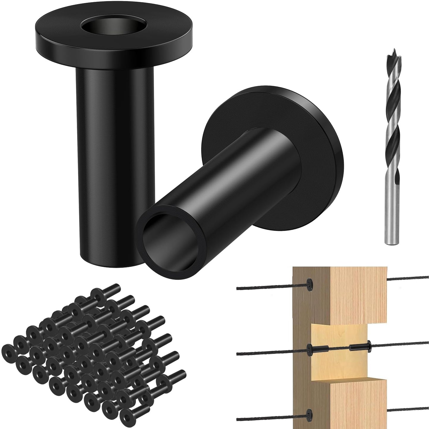 Steel DN Mate 50 Pack Black Cable Railing Protector Sleeves 1/8 for Wire Rope Cable, T316 Protective Sleeves for Wood Post, T316 Stainless Steel Marine Grade, DB58