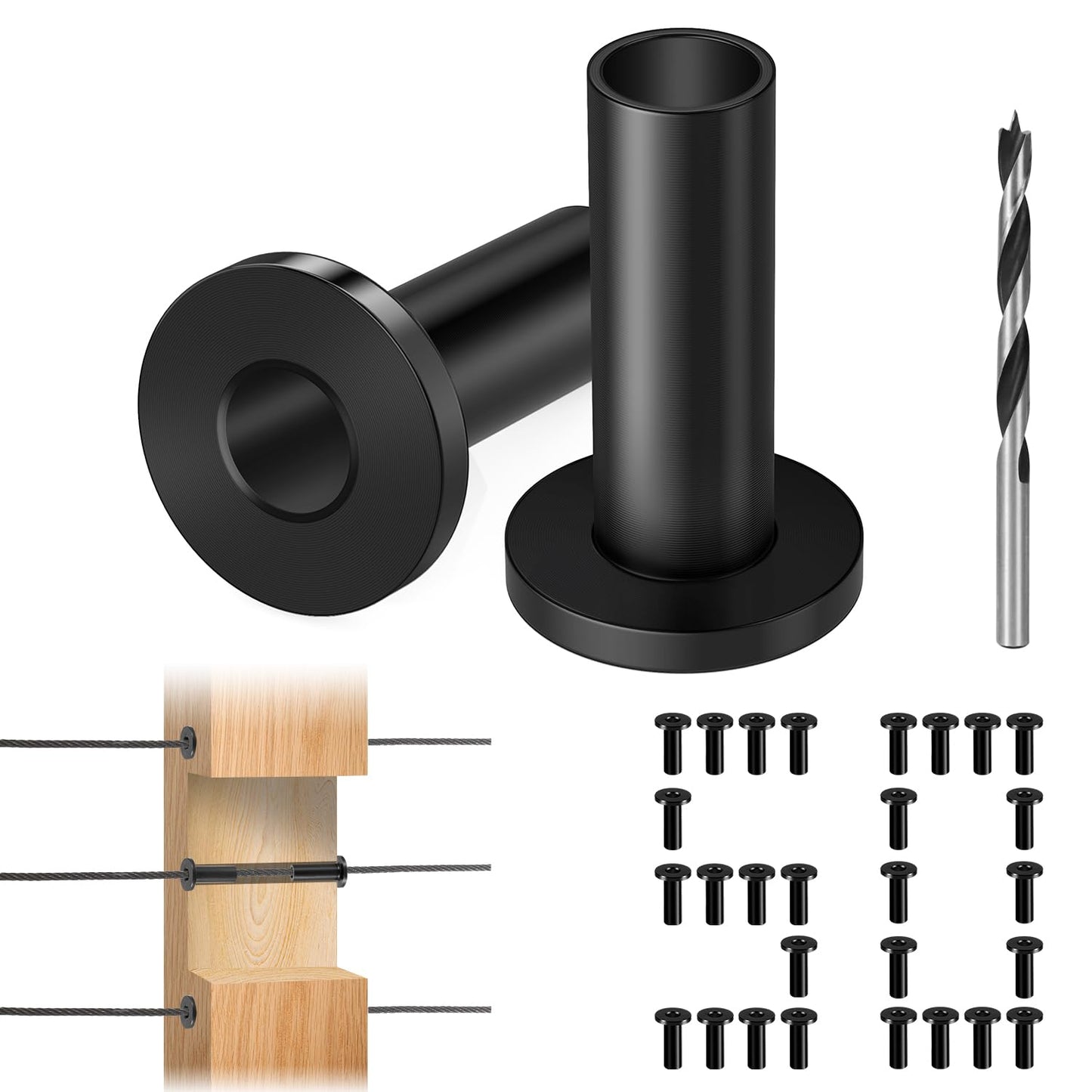 Steel DN Mate 50 Pack Black Cable Railing Protector Sleeves 1/8 for Wire Rope Cable, T316 Protective Sleeves for Wood Post, T316 Stainless Steel Marine Grade, DB58