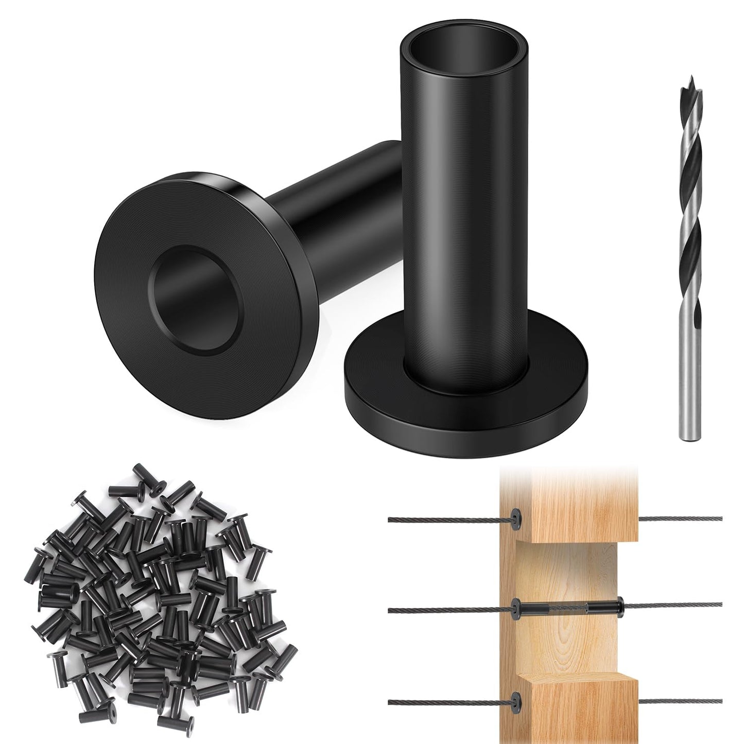 Steel DN Mate 50 Pack Black Cable Railing Protector Sleeves 1/8 for Wire Rope Cable, T316 Protective Sleeves for Wood Post, T316 Stainless Steel Marine Grade, DB58