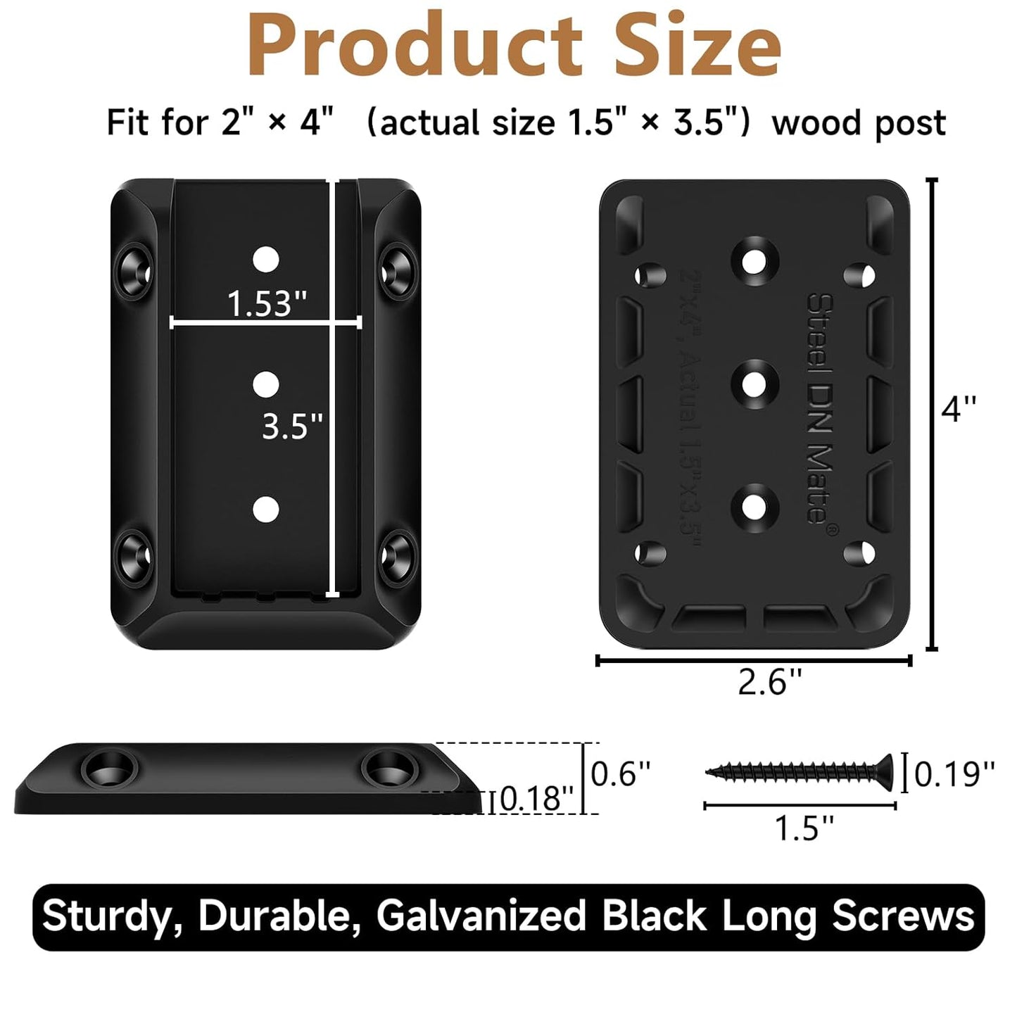 Steel DN Mate Deck Railing Bracket Connectors for 2x4 (Actual 1.5”x3.5”) Wood Deck Railing Post to Handrail, Stair Railing Connectors with Coated Wood Screws,Drill Bit, Fence Railing Brackets