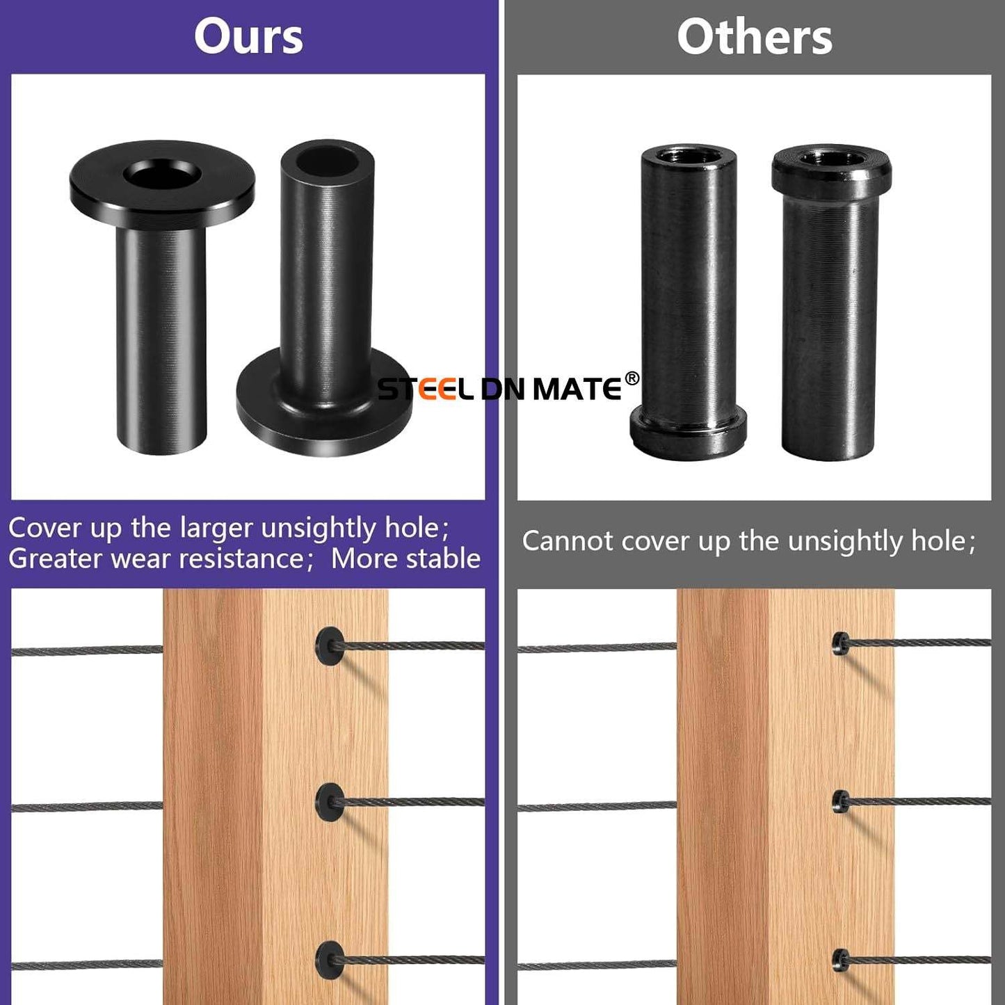 Steel DN Mate 50 Pack Black Cable Railing Protector Sleeves 1/8 for Wire Rope Cable, T316 Protective Sleeves for Wood Post, T316 Stainless Steel Marine Grade, DB58