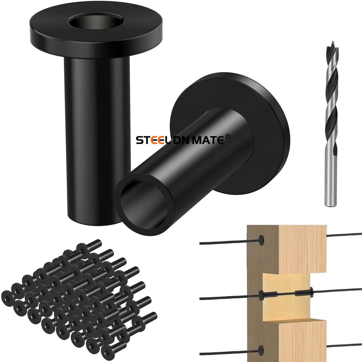 Steel DN Mate 50 Pack Black Cable Railing Protector Sleeves 1/8 for Wire Rope Cable, T316 Protective Sleeves for Wood Post, T316 Stainless Steel Marine Grade, DB58