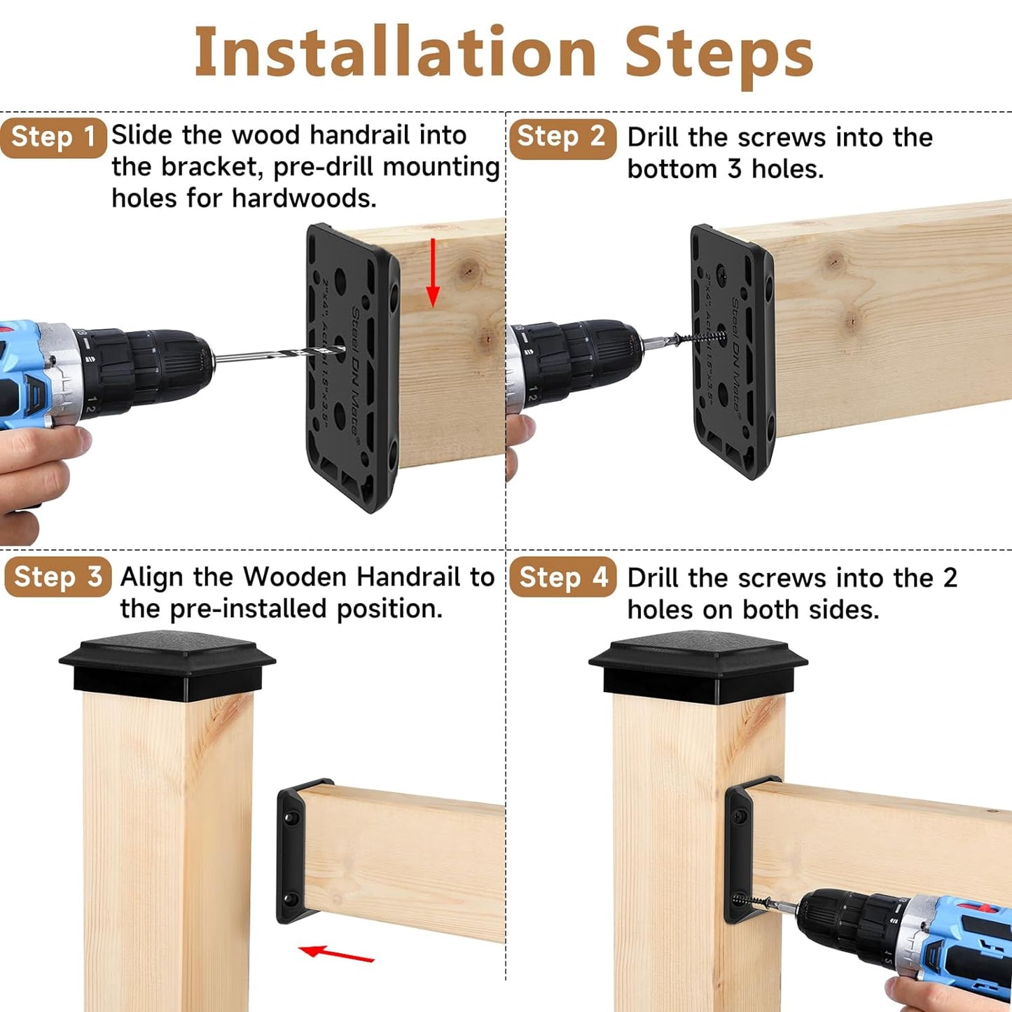 Steel DN Mate Deck Railing Bracket Connectors for 2x4 (Actual 1.5”x3.5”) Wood Deck Railing Post to Handrail, Stair Railing Connectors with Coated Wood Screws,Drill Bit, Fence Railing Brackets