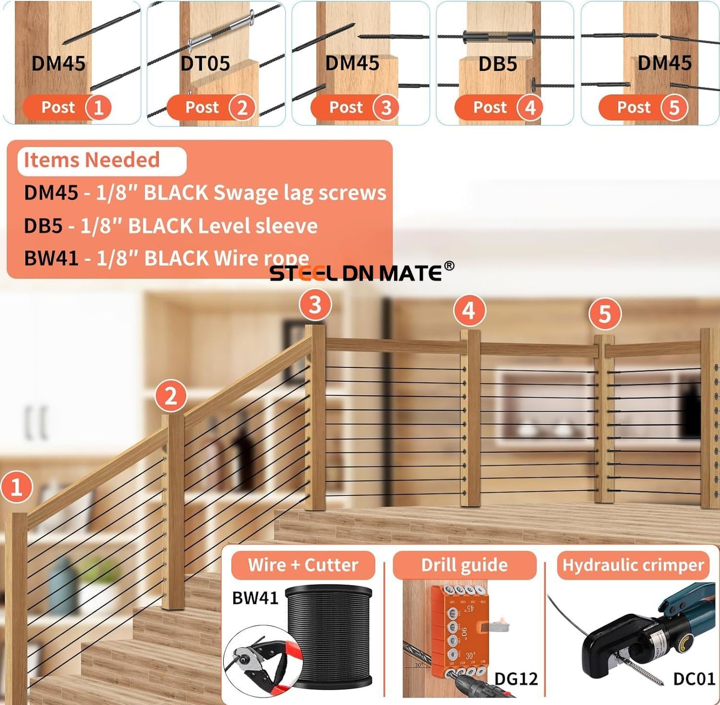 Steel DN Mate Black Wire Rope 1/8" T316 Marine Grade Stainless Steel Cable 7 × 7 Strands for Stair Fence Deck Cable Railing System, with Wire Cutter
