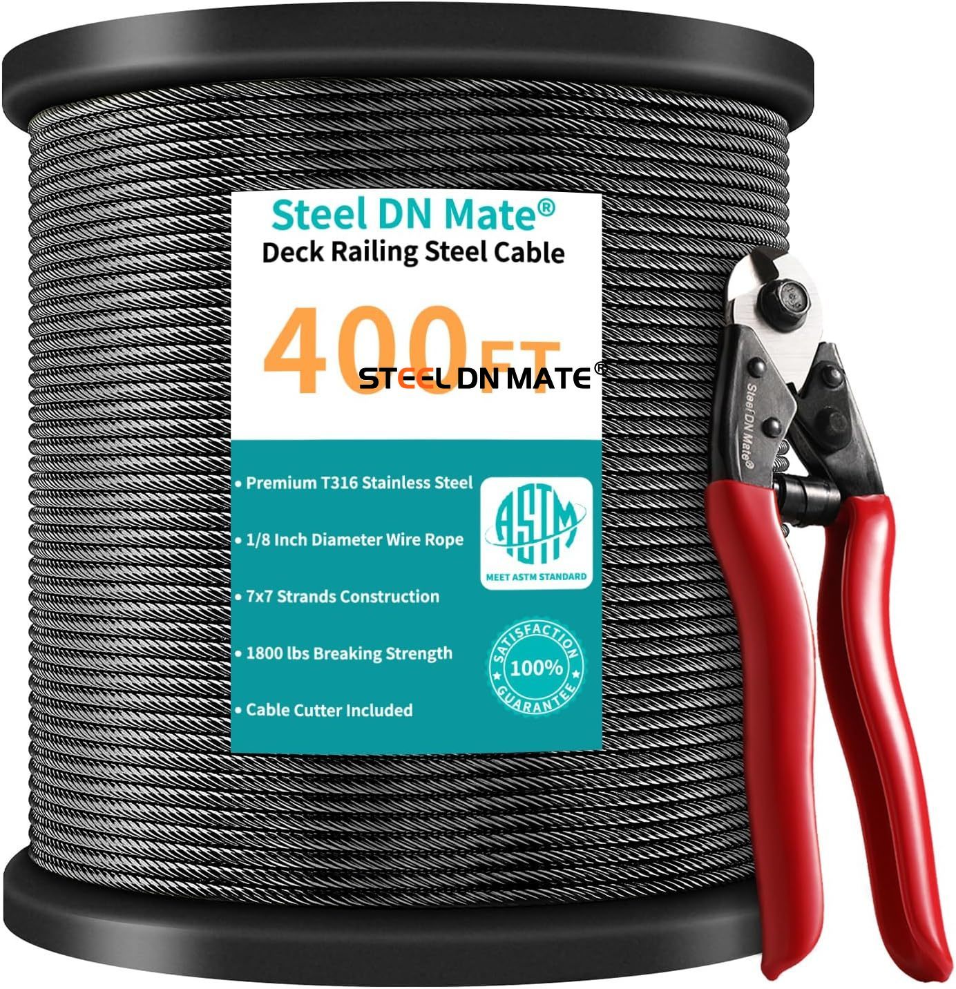 Steel DN Mate Black Wire Rope 1/8" T316 Marine Grade Stainless Steel Cable 7 × 7 Strands for Stair Fence Deck Cable Railing System, with Wire Cutter