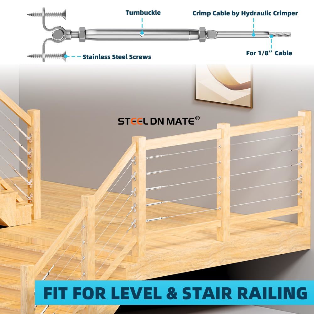 Steel DN Mate 20 Sets Cable Railing Kit Fit for 1/8" Steel Cable, Swage Toggle Turnbuckle & End Fitting, Angle 180°Adjustable Deck Cable Railing Hardware for Wood Post,316 Stainless Steel Marine Grade
