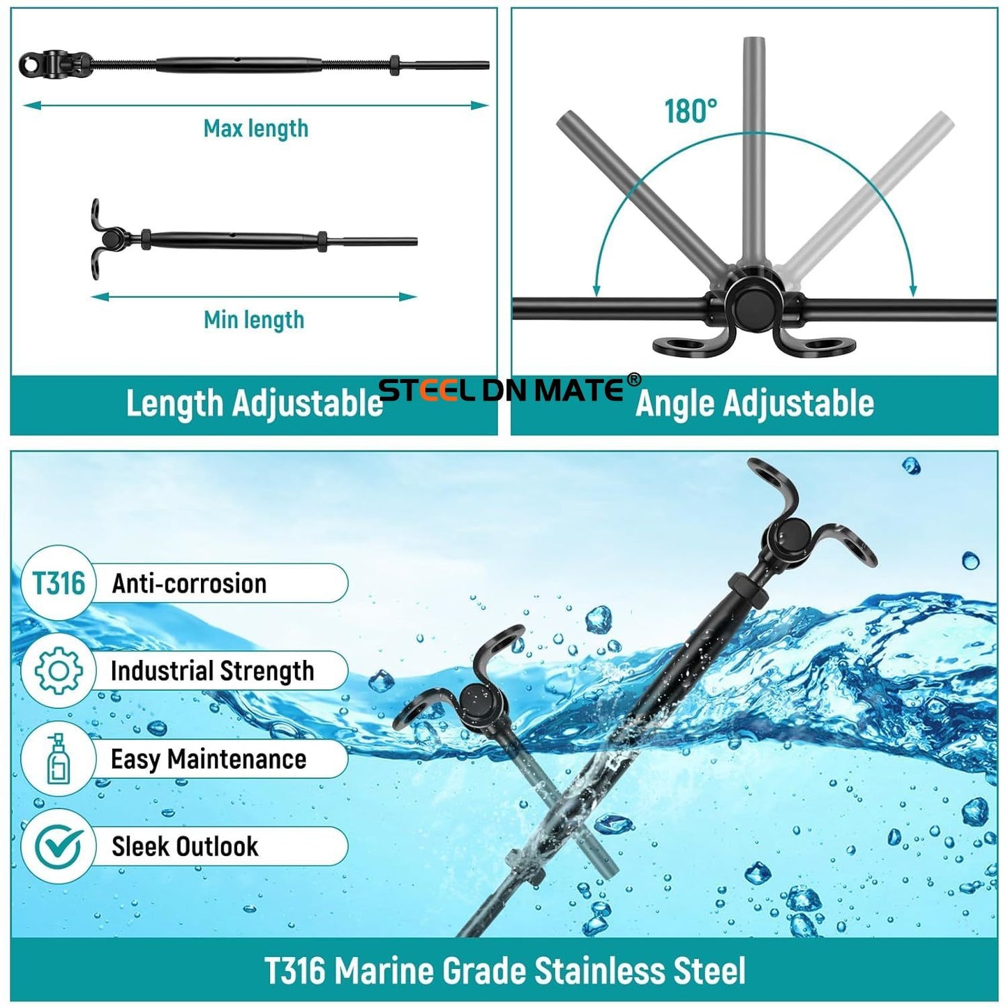 Steel DN Mate 20 Sets Cable Railing Kit Fit for 1/8" Steel Cable, Swage Toggle Turnbuckle & End Fitting, Angle 180°Adjustable Deck Cable Railing Hardware for Wood Post,316 Stainless Steel Marine Grade