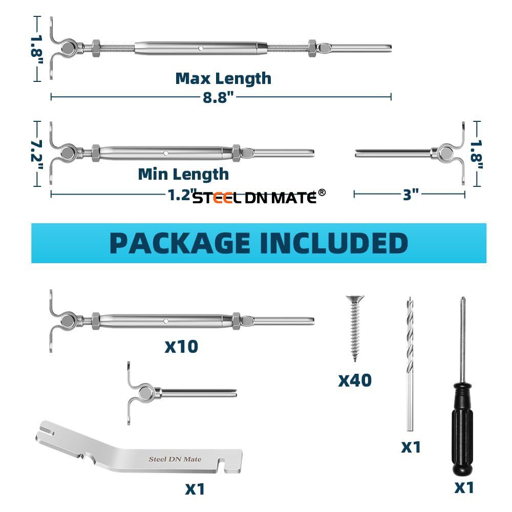 Steel DN Mate 20 Sets Cable Railing Kit Fit for 1/8" Steel Cable, Swage Toggle Turnbuckle & End Fitting, Angle 180°Adjustable Deck Cable Railing Hardware for Wood Post,316 Stainless Steel Marine Grade