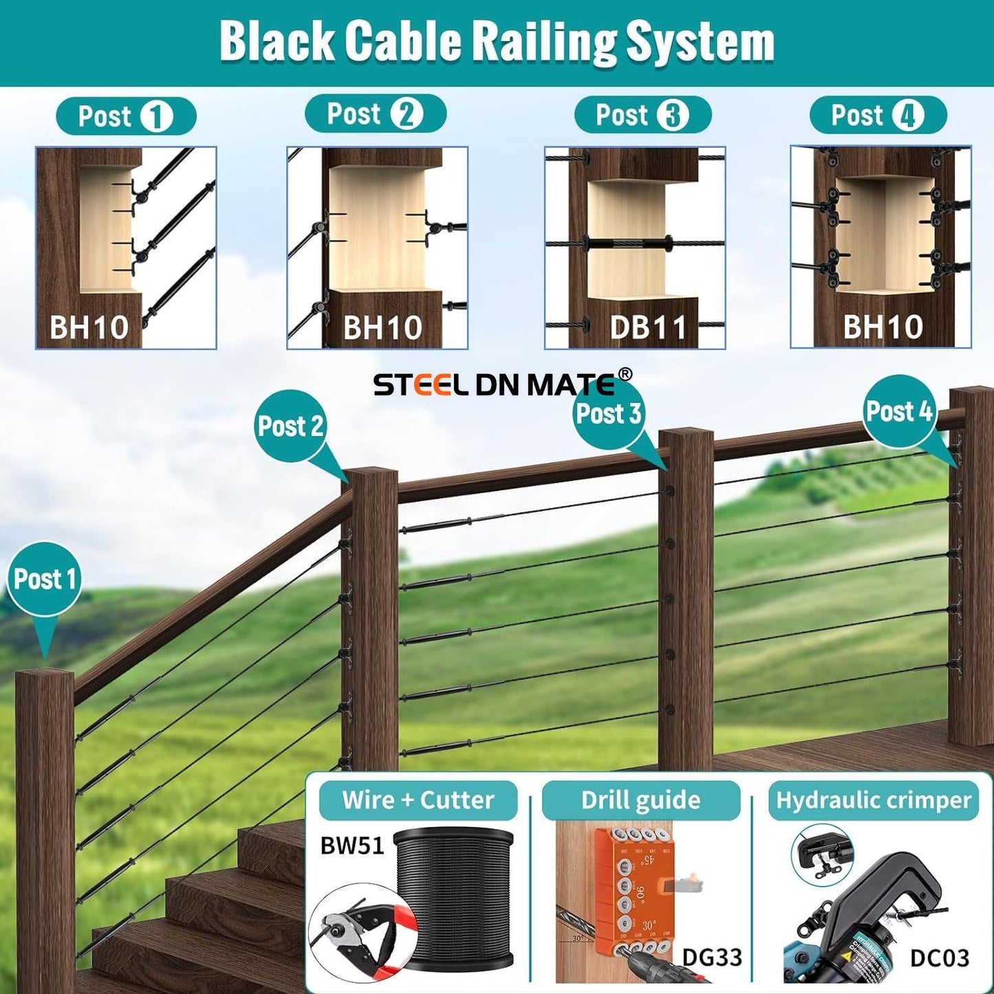 Steel DN Mate 20 Sets Cable Railing Kit Fit for 1/8" Steel Cable, Swage Toggle Turnbuckle & End Fitting, Angle 180°Adjustable Deck Cable Railing Hardware for Wood Post,316 Stainless Steel Marine Grade