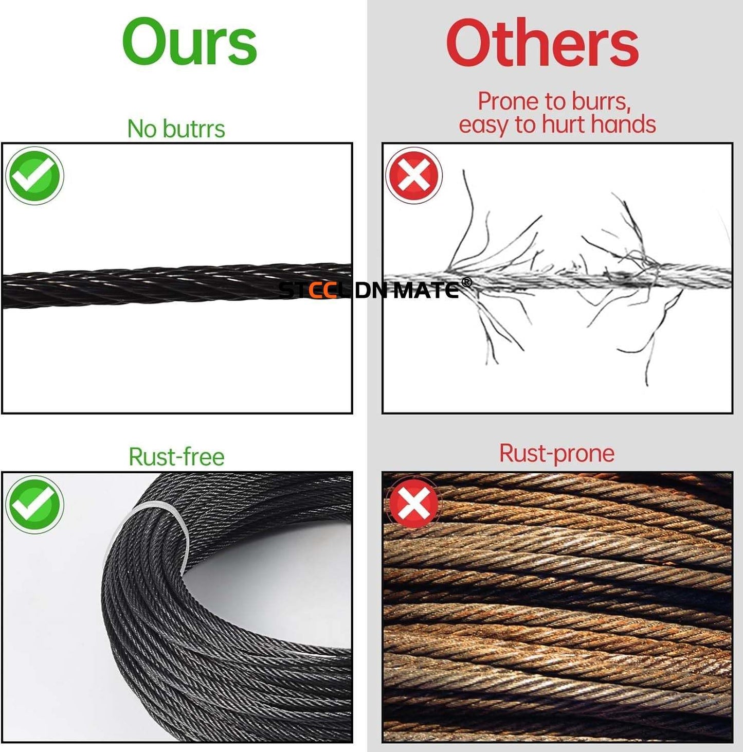Steel DN Mate Black Wire Rope 1/8" T316 Marine Grade Stainless Steel Cable 7 × 7 Strands for Stair Fence Deck Cable Railing System, with Wire Cutter