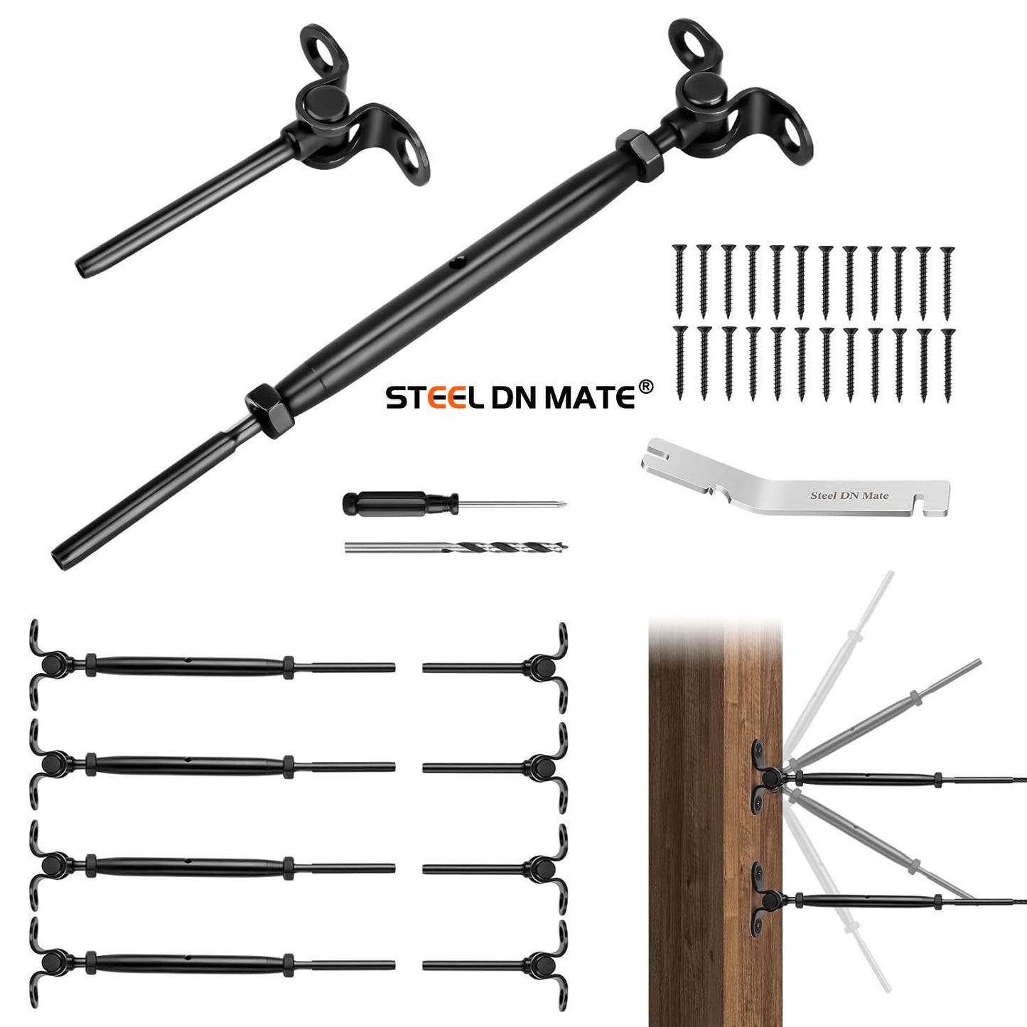 Steel DN Mate 20 Sets Cable Railing Kit Fit for 1/8" Steel Cable, Swage Toggle Turnbuckle & End Fitting, Angle 180°Adjustable Deck Cable Railing Hardware for Wood Post,316 Stainless Steel Marine Grade