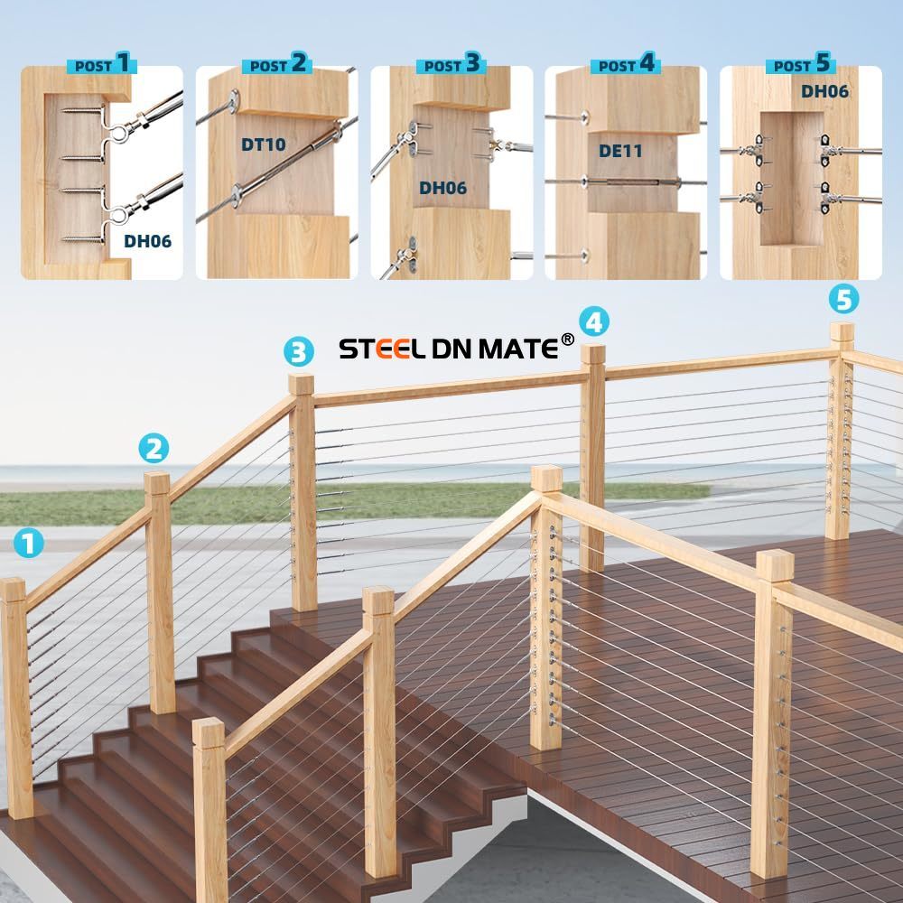 Steel DN Mate 20 Sets Cable Railing Kit Fit for 1/8" Steel Cable, Swage Toggle Turnbuckle & End Fitting, Angle 180°Adjustable Deck Cable Railing Hardware for Wood Post,316 Stainless Steel Marine Grade