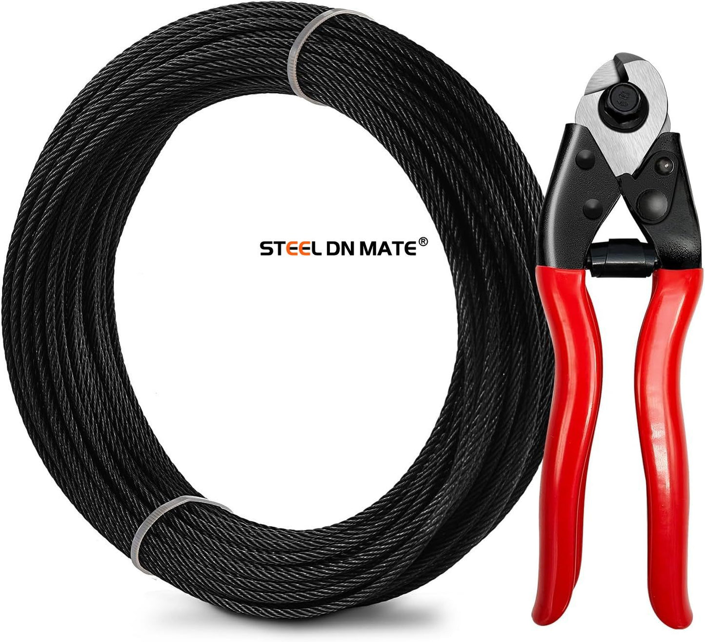 Steel DN Mate Black Wire Rope 1/8" T316 Marine Grade Stainless Steel Cable 7 × 7 Strands for Stair Fence Deck Cable Railing System, with Wire Cutter