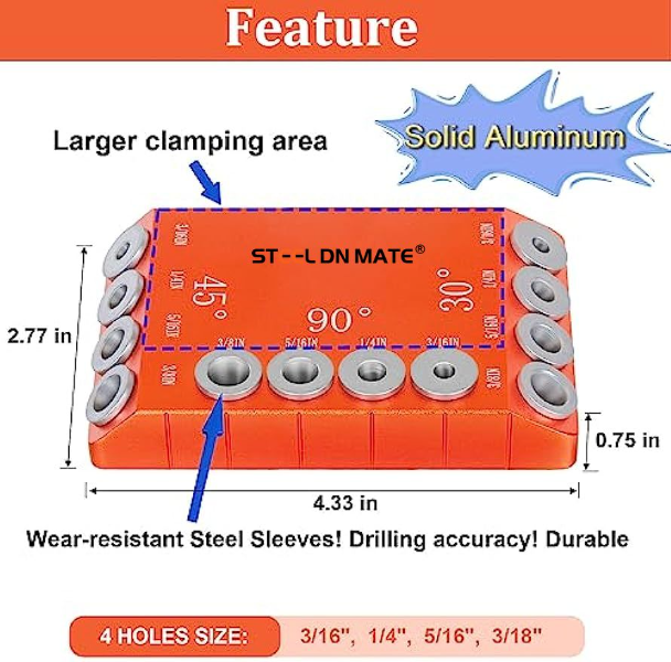 Steel DN Mate 45 30 90 Degree Angle 4 Sizes Drill Jig for Angled Holes/Straight Holes, Drill Guide for Cable Railing Lag Screw Wood Post, Durable Aluminum Drilling Jig for Deck Stair Handrail DG12