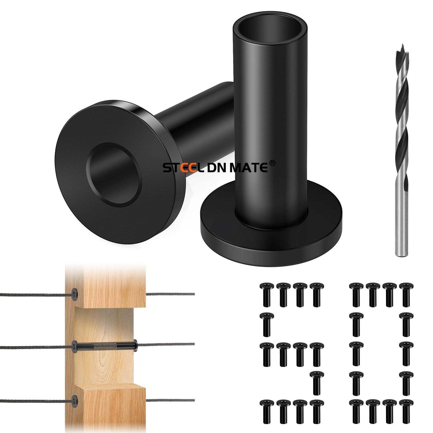 Steel DN Mate 50 Pack Black Cable Railing Protector Sleeves 1/8 for Wire Rope Cable, T316 Protective Sleeves for Wood Post, T316 Stainless Steel Marine Grade, DB58