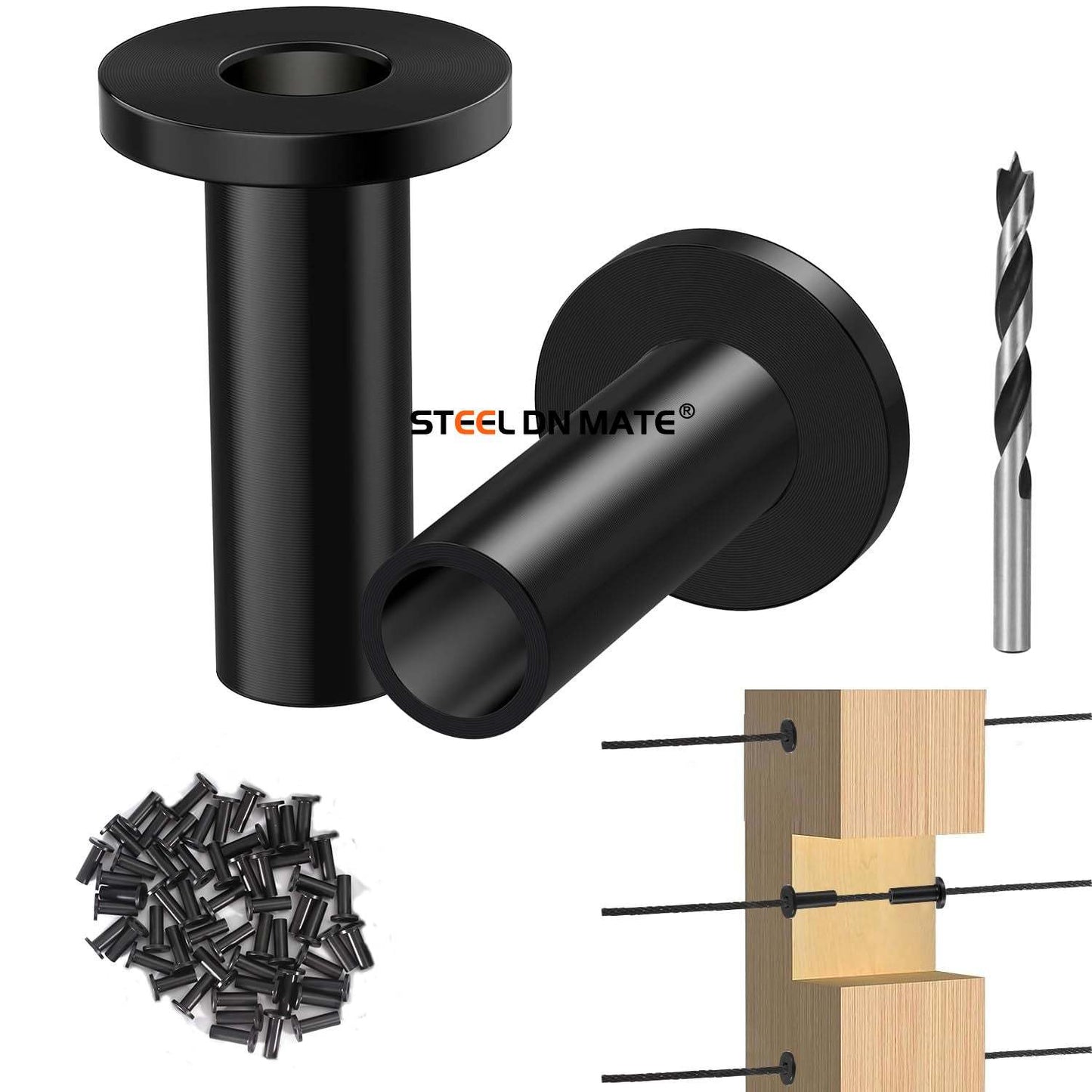 Steel DN Mate 50 Pack Black Cable Railing Protector Sleeves 1/8 for Wire Rope Cable, T316 Protective Sleeves for Wood Post, T316 Stainless Steel Marine Grade, DB58