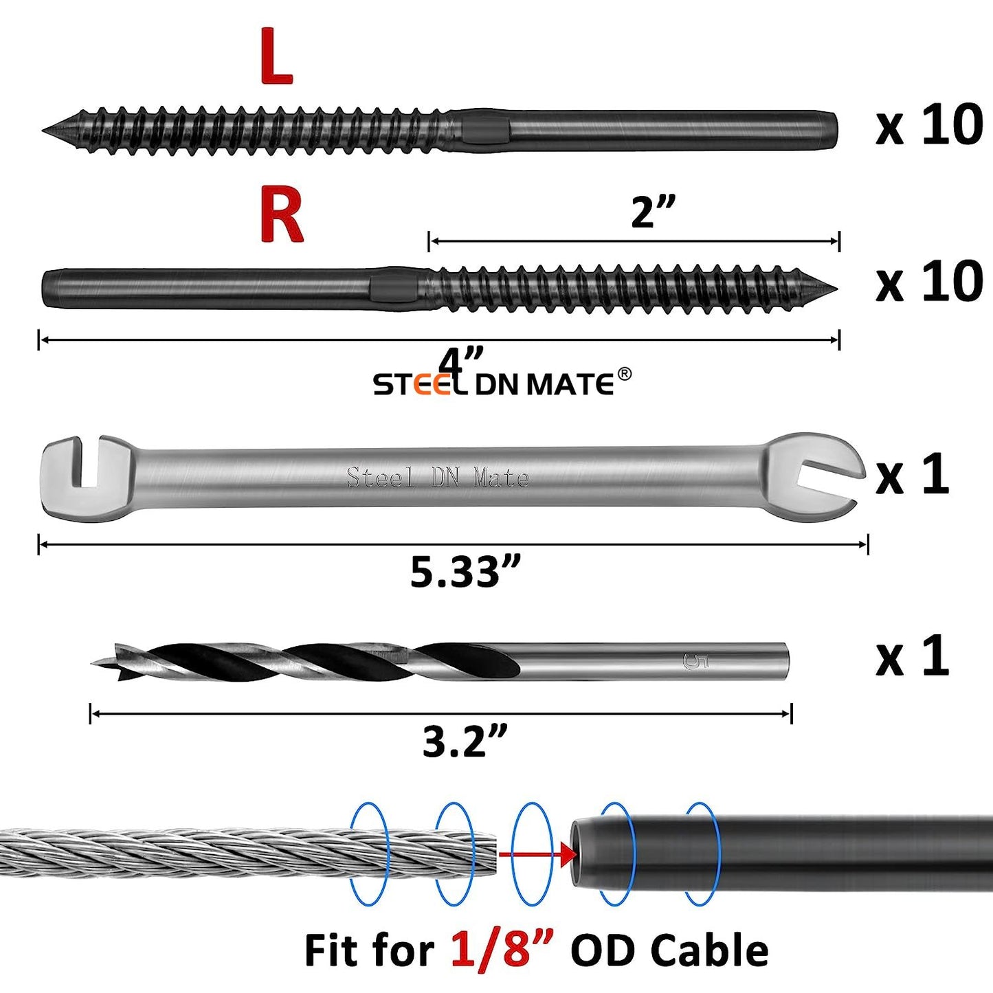 Steel DN Mate 20 Pack Black T316 Stainless Steel Left&Right Handed Thread Swage Lag Screws for Wood Post of 1/8" Black Cable Railing Kit, Deck Railing/Stair Railing, DIY Baluster kit, Wrench Included