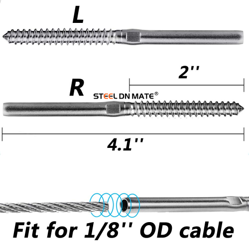 Steel DN Mate 100 Pack T316 Stainless Steel Right&Left Handed Thread Swage Lag Screws for Wood Post of 1/8" Steel Cable Railing Kit, Cable Railing Hardware, DIY Wood Baluster, Wrench Include, DM50