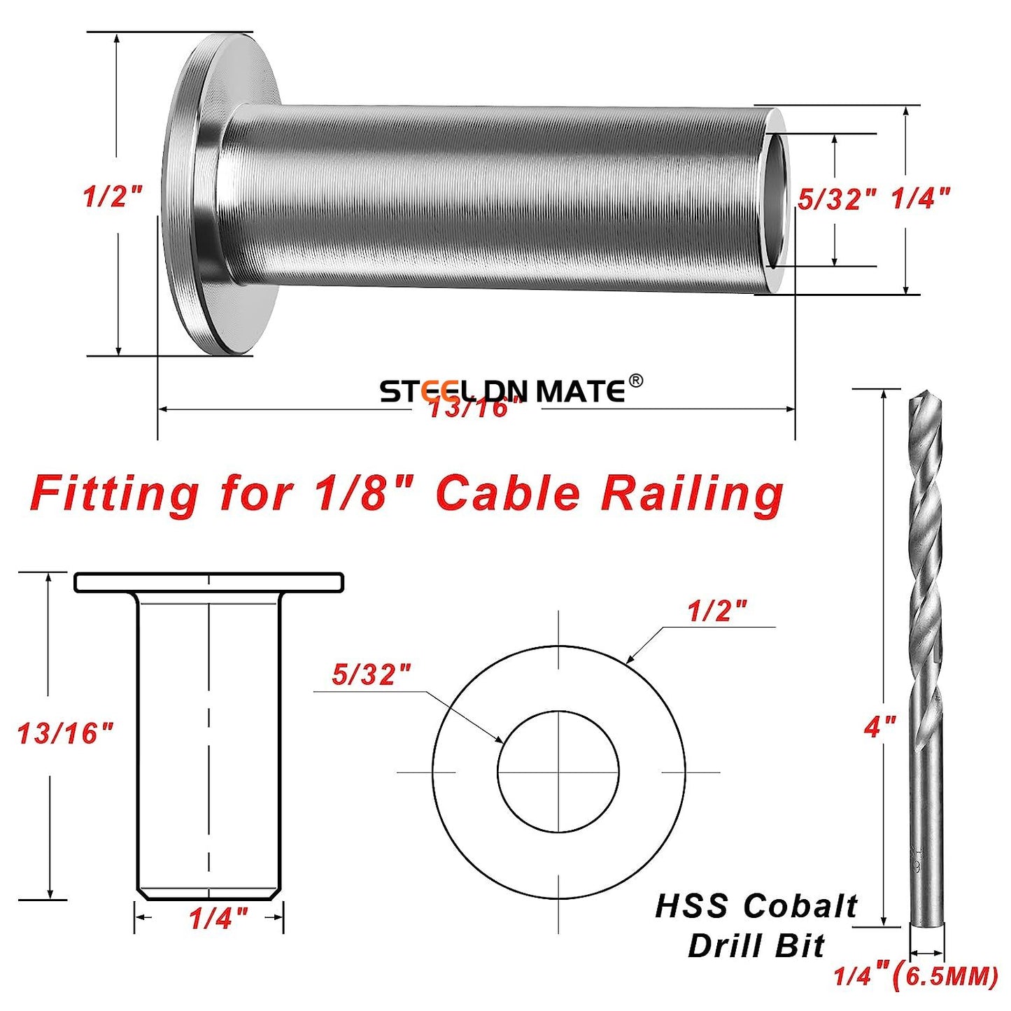 Steel DN Mate 110 Pack T316 Stainless Steel Protector Sleeves for 1/8" Cable Railing, Cable Protector Sleeves for Cable Railing System, Deck Railing Hardware with a Drill Bit DE11