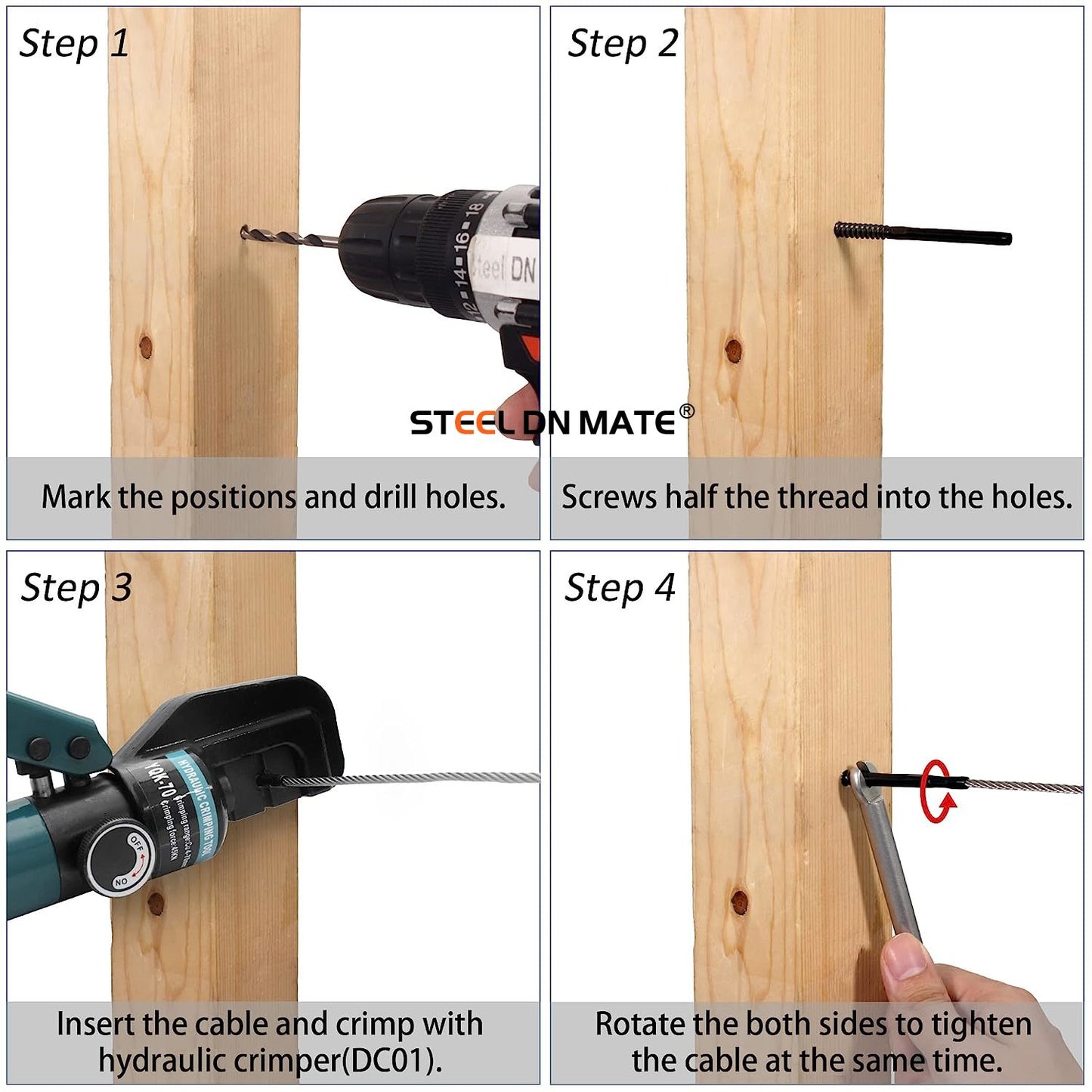 Steel DN Mate 20 Pack Black T316 Stainless Steel Left&Right Handed Thread Swage Lag Screws for Wood Post of 1/8" Black Cable Railing Kit, Deck Railing/Stair Railing, DIY Baluster kit, Wrench Included