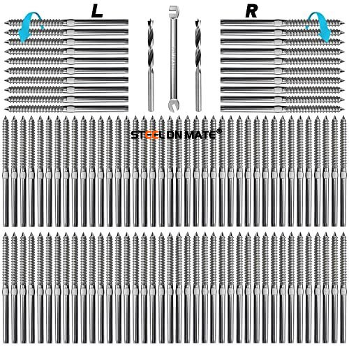 Steel DN Mate 100 Pack T316 Stainless Steel Right&Left Handed Thread Swage Lag Screws for Wood Post of 1/8" Steel Cable Railing Kit, Cable Railing Hardware, DIY Wood Baluster, Wrench Include, DM50