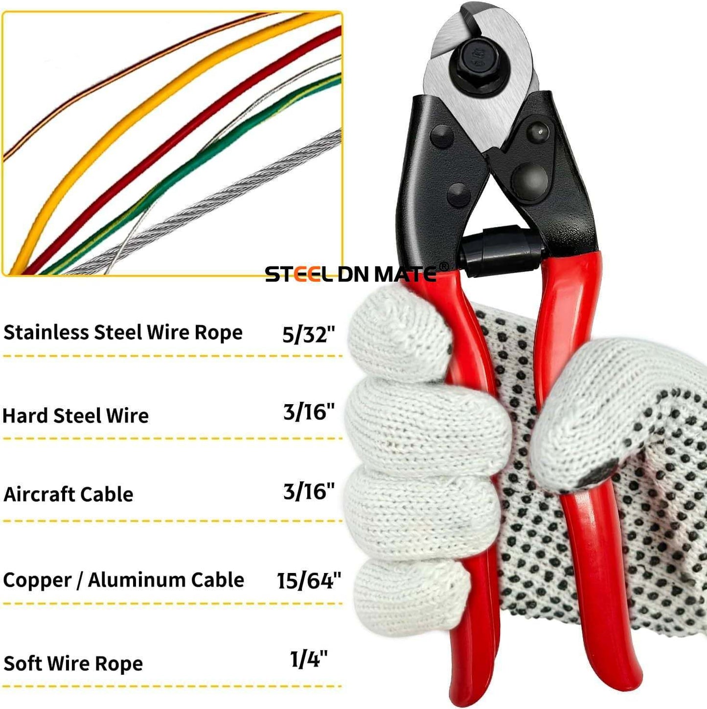 Steel DN Mate 7.6" Steel Wire Cutter, Cut All Wires Up to 5/32", Wire Rope Cutter, Cut Steel Cable, Aircraft Cable, Wire Seals, Bike Cable, Aluminum/Copper Wire, Fence Cable, One-Hand Operate CC-11