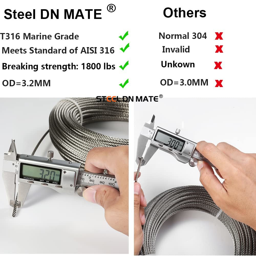 Steel DN Mate1/8 Stainless Steel Cable for Steel Cable Railing Kit, T316 Stainless Steel Wire, 1800 lb Breaking Strength, 7x7 Strands Construction Cable Railing System, Marine Grade Wire