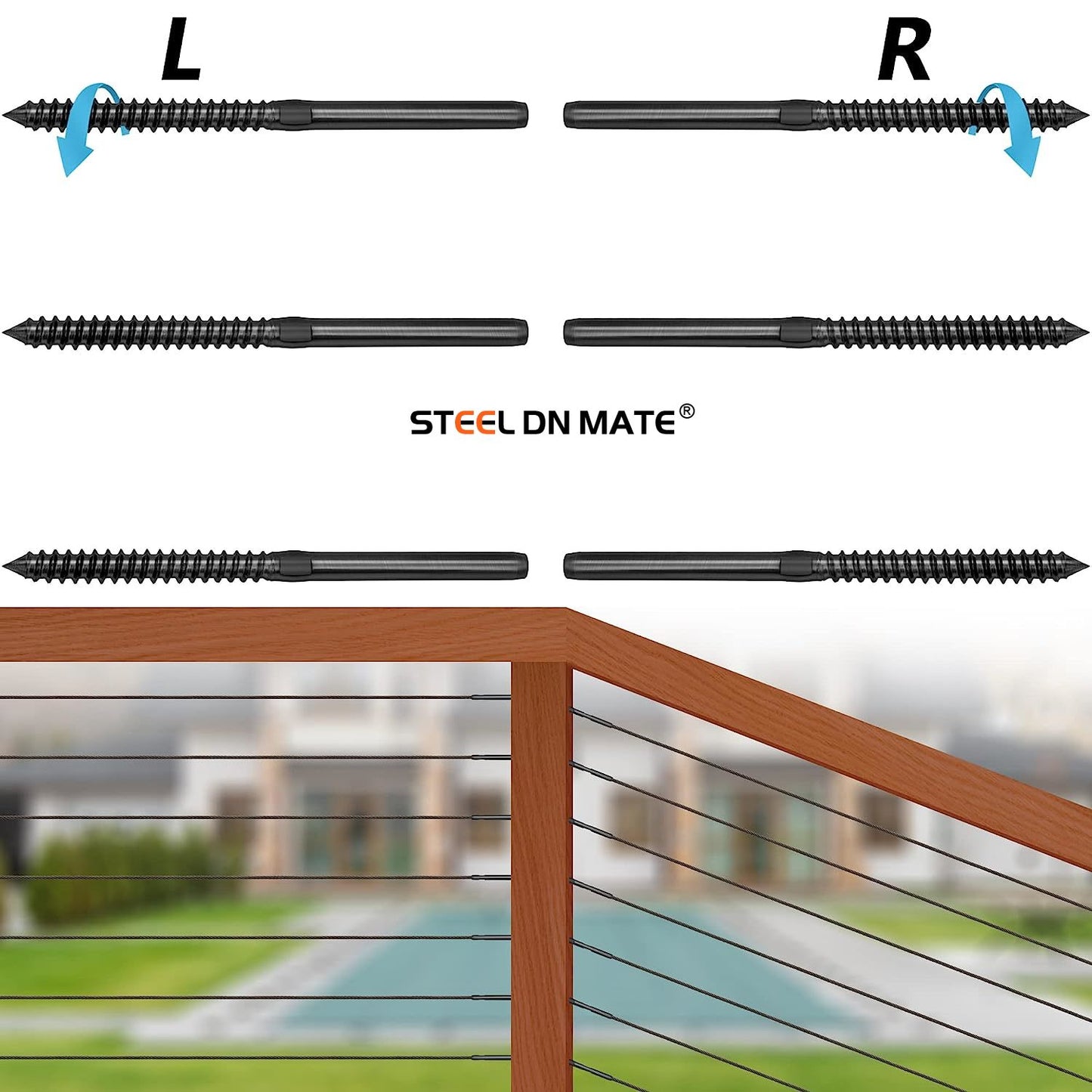 Steel DN Mate 20 Pack Black T316 Stainless Steel Left&Right Handed Thread Swage Lag Screws for Wood Post of 1/8" Black Cable Railing Kit, Deck Railing/Stair Railing, DIY Baluster kit, Wrench Included