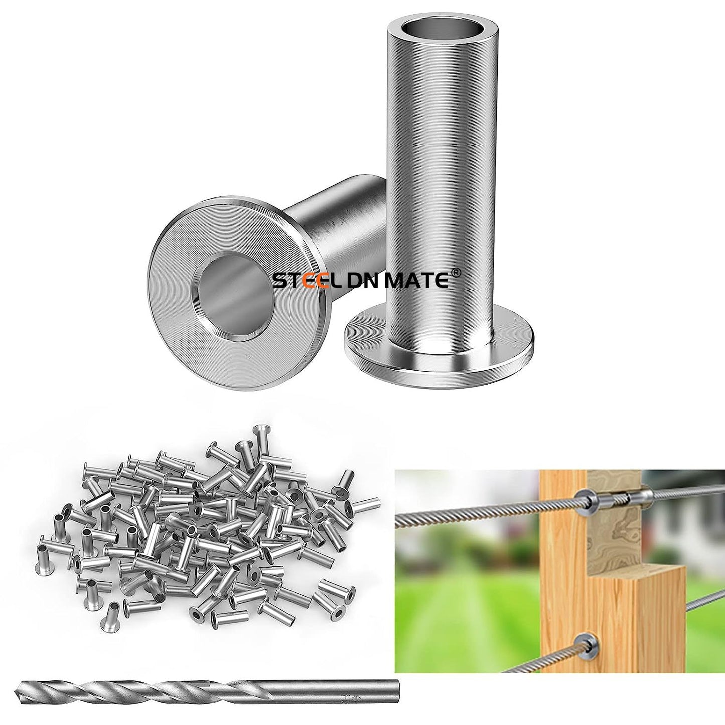 Steel DN Mate 110 Pack T316 Stainless Steel Protector Sleeves for 1/8" Cable Railing, Cable Protector Sleeves for Cable Railing System, Deck Railing Hardware with a Drill Bit DE11