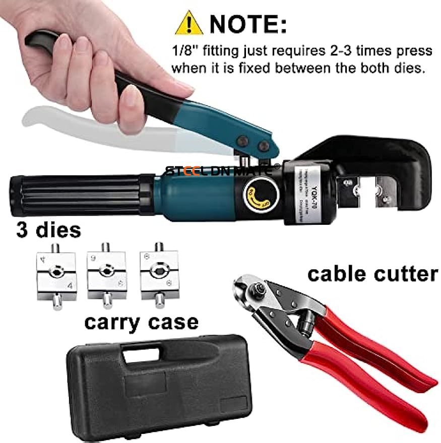Steel DN Mate Hydraulic Crimping Tool/Hydraulic Crimper with Cable Cuttter for Stainless Steel Cable Railing Hardware,Battery Cable Crimping Tool for Size 1/8", 5/32" to 3/16" DC02