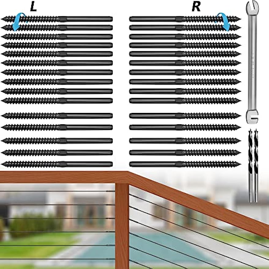 Steel DN Mate 60 Packs Black T316 Stainless Steel Left&Right Handed Thread Swage Lag Screws for Wood Post of 1/8" Cable Railing Kit, Deck Railing/Stair Railing, DIY Baluster Hardware, Wrench Included