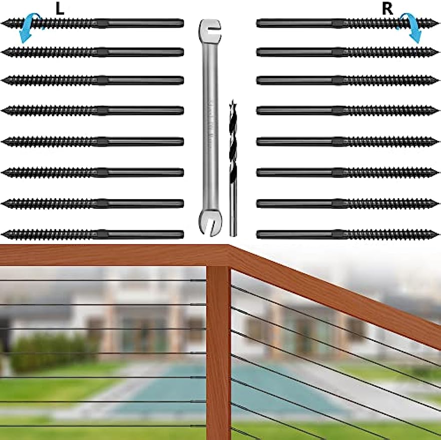 Steel DN Mate Black T316 Stainless Steel Left&Right Handed Thread Swage Lag Screws for Wood Post of 1/8" Cable Railing Kit, 30 Pack Deck Railing/Stair Railing, DIY Baluster Hardware, Wrench Included