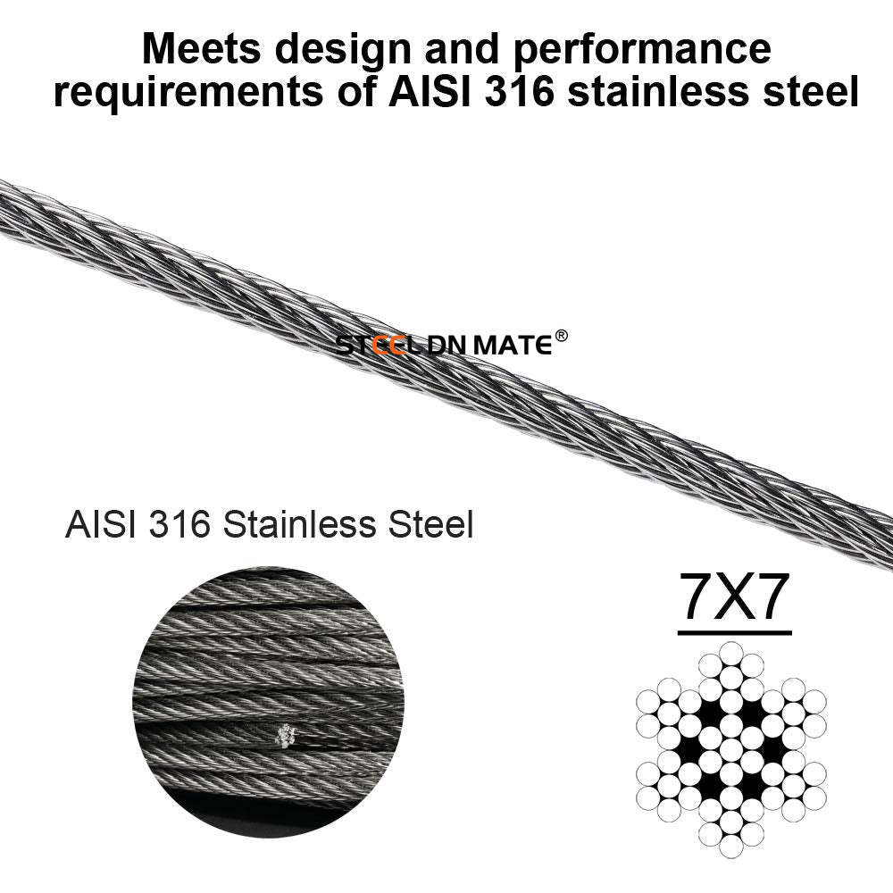 Steel DN Mate1/8 Stainless Steel Cable for Steel Cable Railing Kit, T316 Stainless Steel Wire, 1800 lb Breaking Strength, 7x7 Strands Construction Cable Railing System, Marine Grade Wire