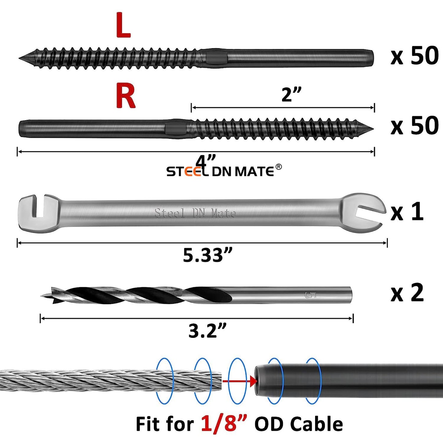Steel DN Mate 100 Pack Black T316 Stainless Steel Left&Right Handed Thread Swage Lag Screws for Wood Post of 1/8" Black Cable Railing Kit, Deck Railing/Stair Railing, DIY Baluster kit, Wrench Included