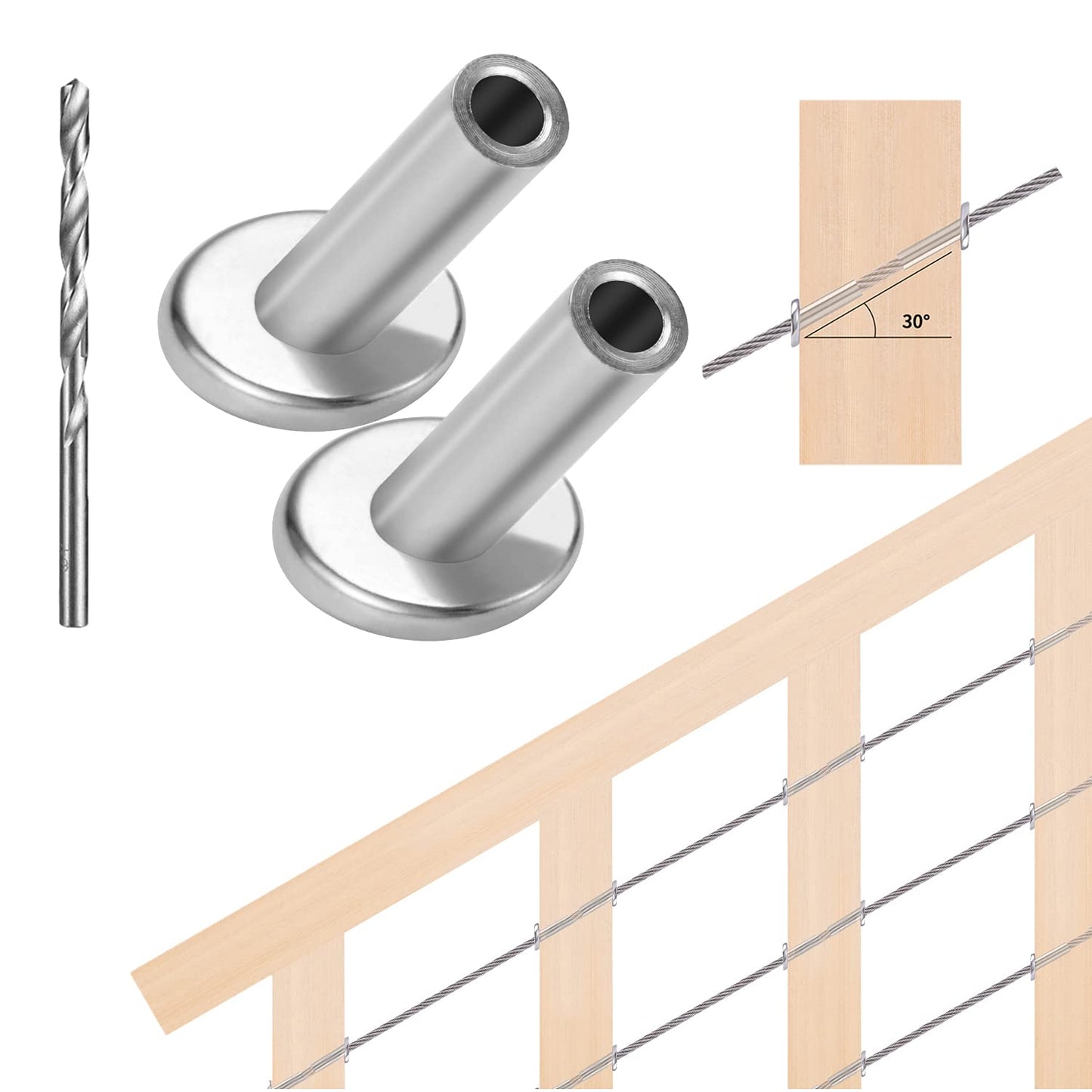 Steel DN Mate 30 Pack T316 Stainless Steel Cable Protector 45 Degree Angle Beveled Protector Sleeves, Protector Sleeve for 1/8 Cable Railing Hardware with a Drill Bit, Stair Railing Kit for Wood Post