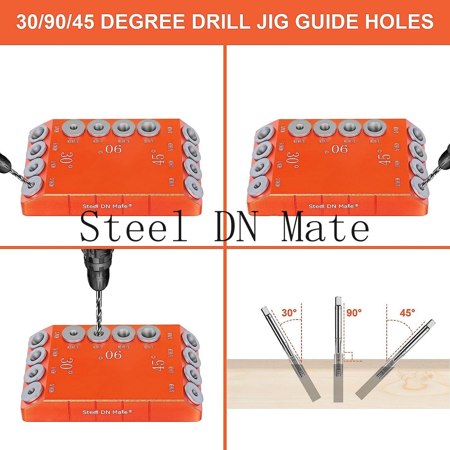 Steel DN Mate 30 45 90 Degree Angle 4 Sizes Drill Hole Guide Jig for Angled and Straight Hole, Portable Deck Cable Railing Lag Screw Drilling Template Block For Horizontal Cable Wood Post Orange