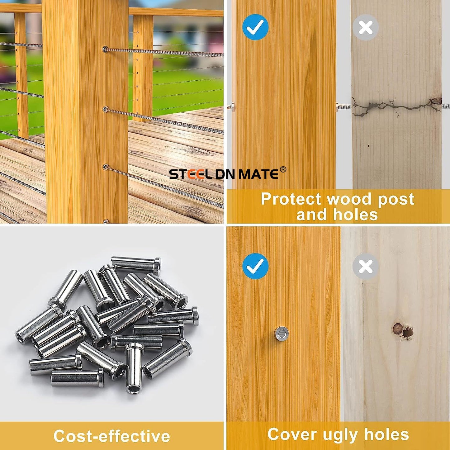 Steel DN Mate 50 Packs Stainless Steel Protector Sleeves for 1/8" Deck Cable Railing, for Wood/Composite Posts, T316 Marine Grade, Cable Railing Protector Sleeves DP05
