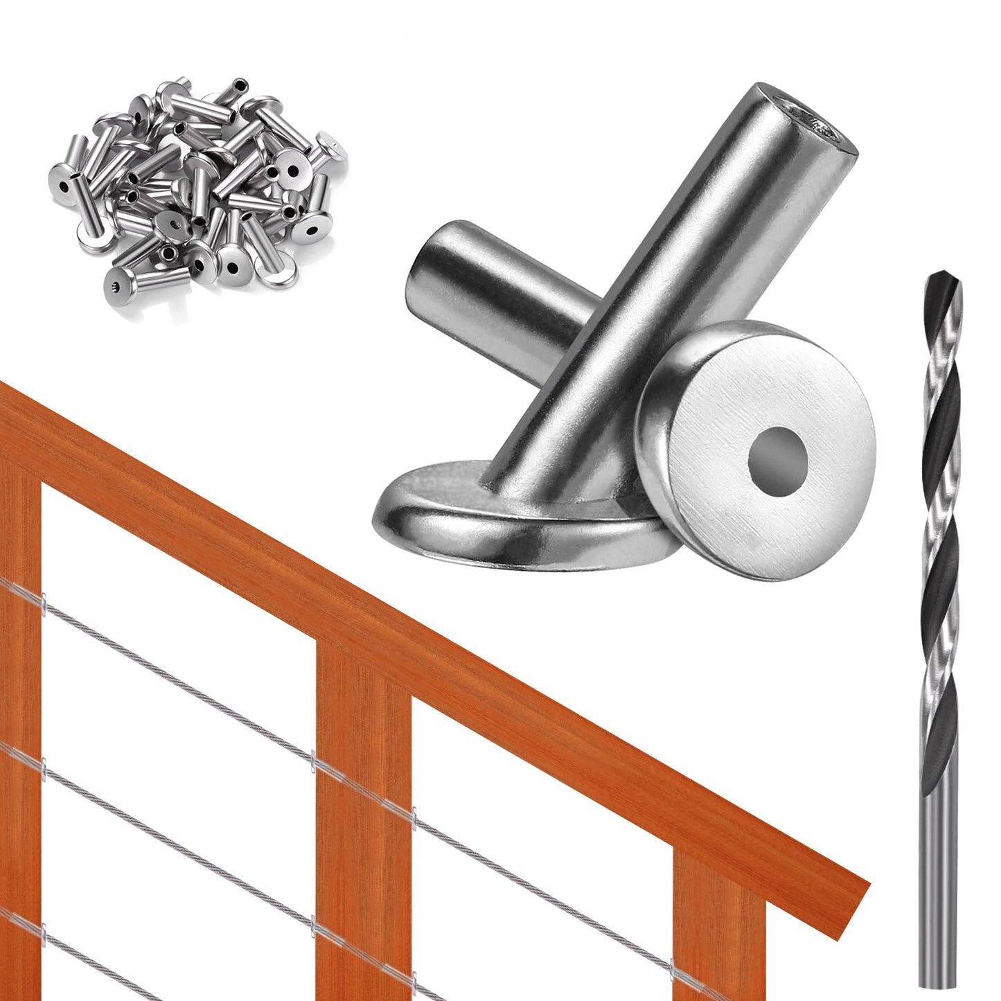 Steel DN Mate 30 Pack T316 Stainless Steel Cable Protector 45 Degree Angle Beveled Protector Sleeves, Protector Sleeve for 1/8 Cable Railing Hardware with a Drill Bit, Stair Railing Kit for Wood Post
