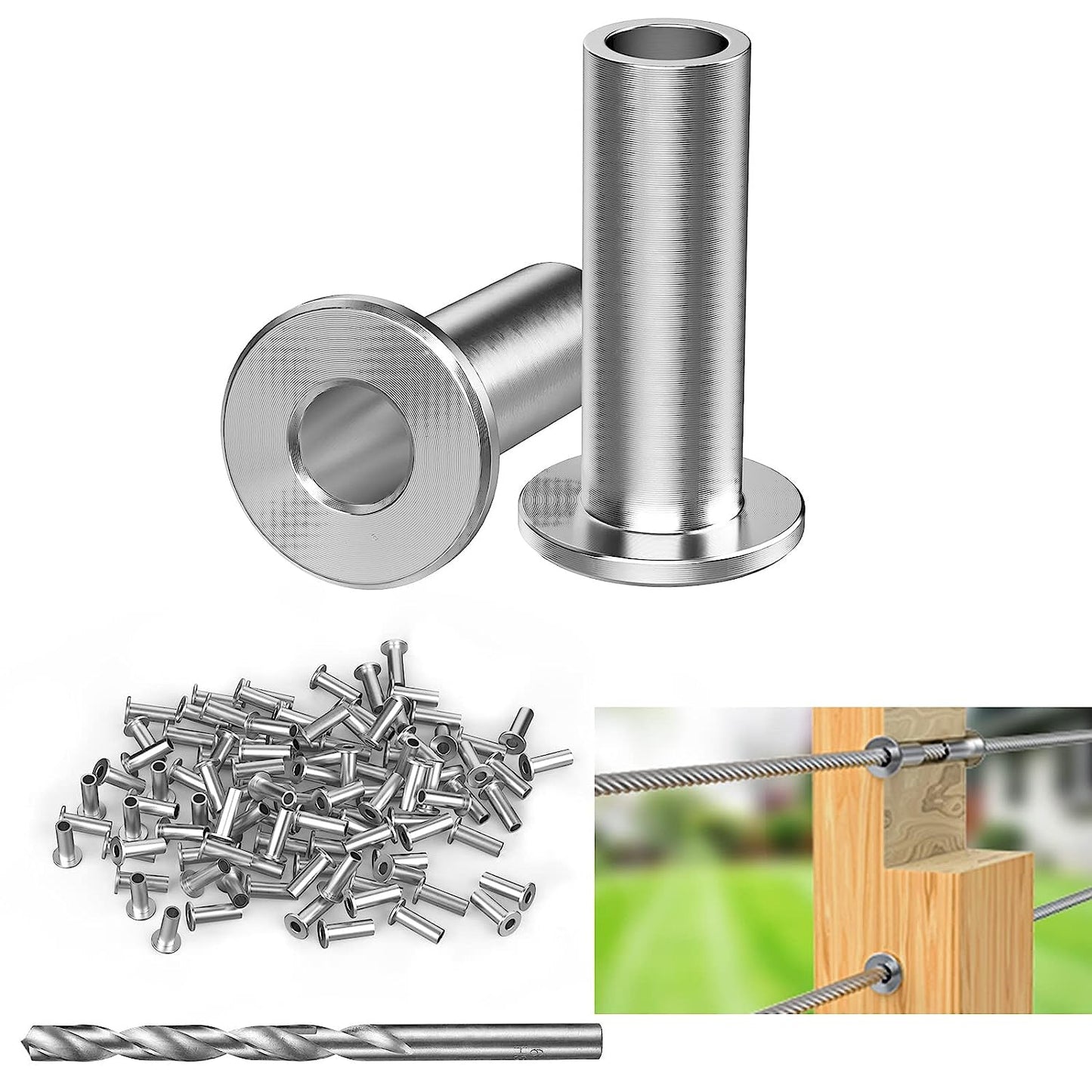 Steel DN Mate 110 Pack T316 Stainless Steel Protector Sleeves for 1/8" Cable Railing, Cable Protector Sleeves for Cable Railing System, Deck Railing Hardware with a Drill Bit DE11