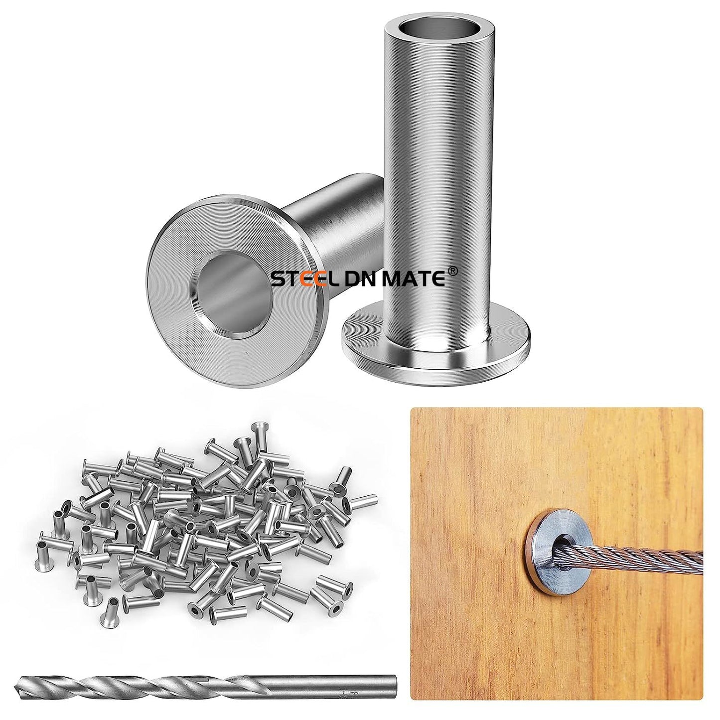 Steel DN Mate 110 Pack T316 Stainless Steel Protector Sleeves for 1/8" Cable Railing, Cable Protector Sleeves for Cable Railing System, Deck Railing Hardware with a Drill Bit DE11