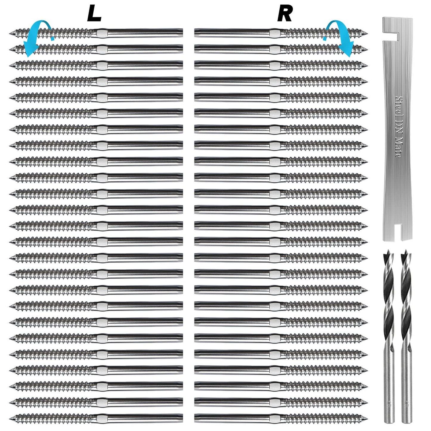 Steel DN Mate 50 Pack T316 Stainless Steel Right&Left Handed Thread Swage Lag Screws for Wood Post of 1/8" Steel Cable Railing Kit, Cable Railing Hardware, DIY Wood Baluster, Wrench Included DM25