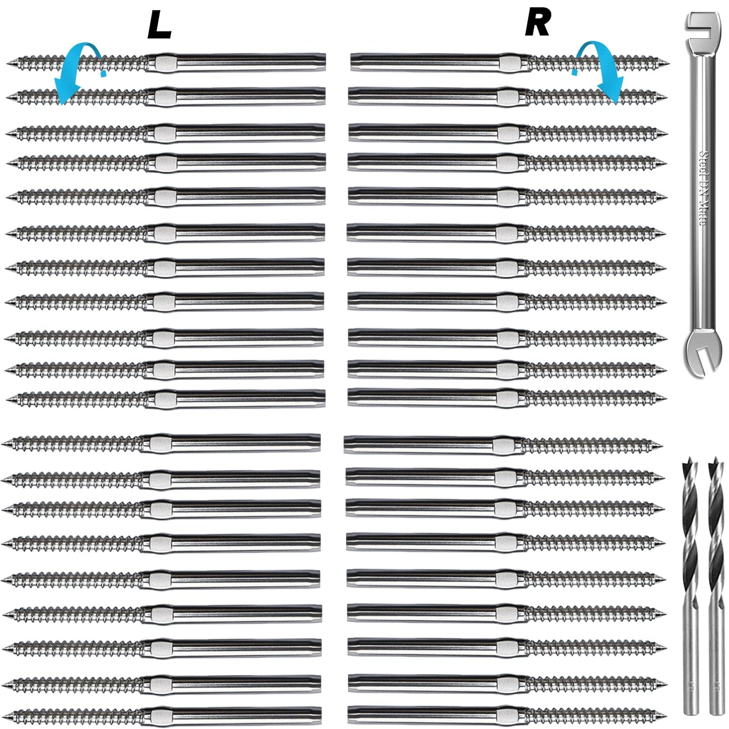 Steel DN Mate 20 Pack 3/16" Swage Lag Screws, T316 Stainless Steel Left & Right Handed Thread, 3/16" Cable Railing Kit for Wood Post, Deck Railing/Stair Railing, DIY Baluster Cable Railing Hardware