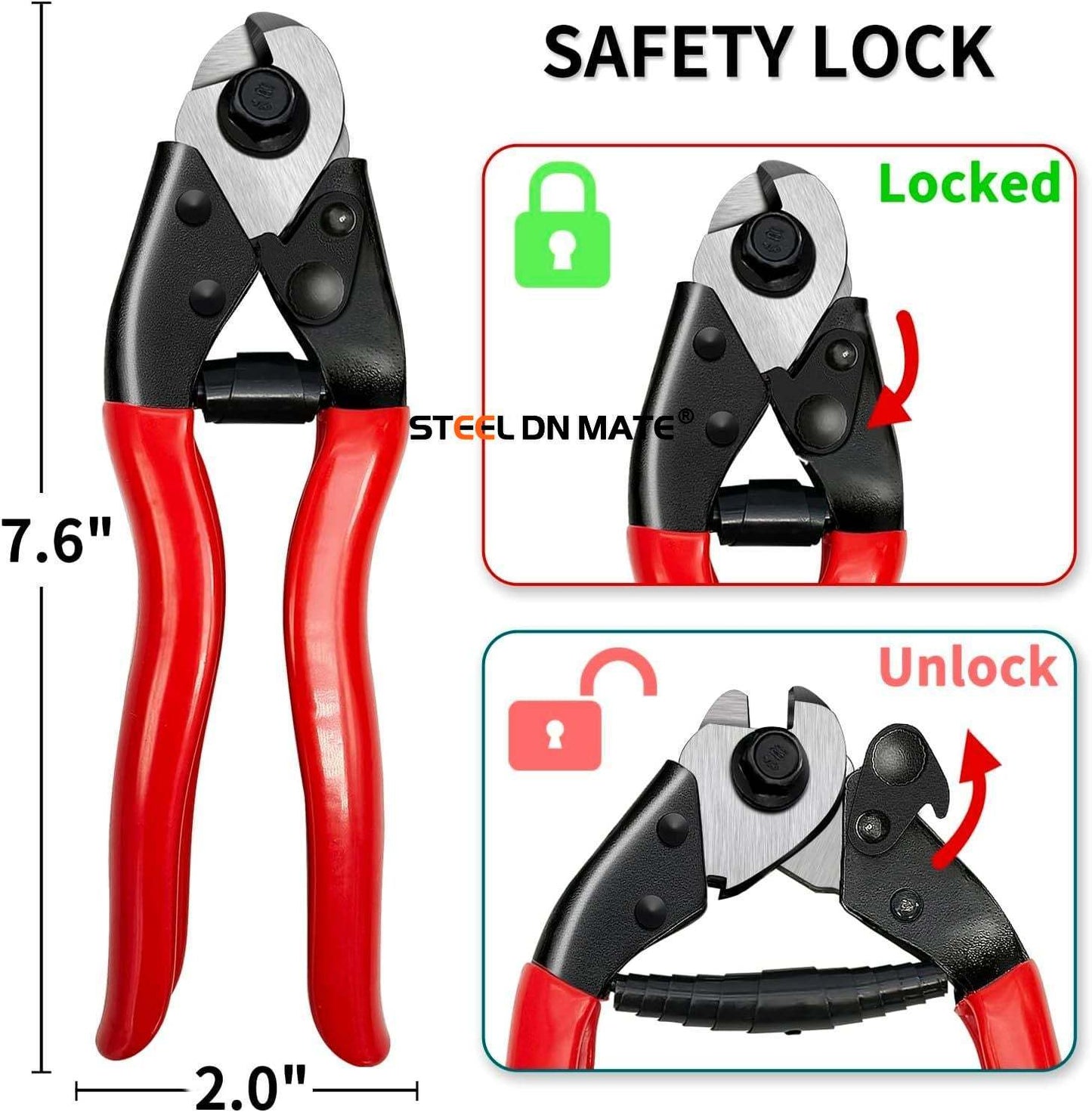 Steel DN Mate 7.6" Steel Wire Cutter, Cut All Wires Up to 5/32", Wire Rope Cutter, Cut Steel Cable, Aircraft Cable, Wire Seals, Bike Cable, Aluminum/Copper Wire, Fence Cable, One-Hand Operate CC-11